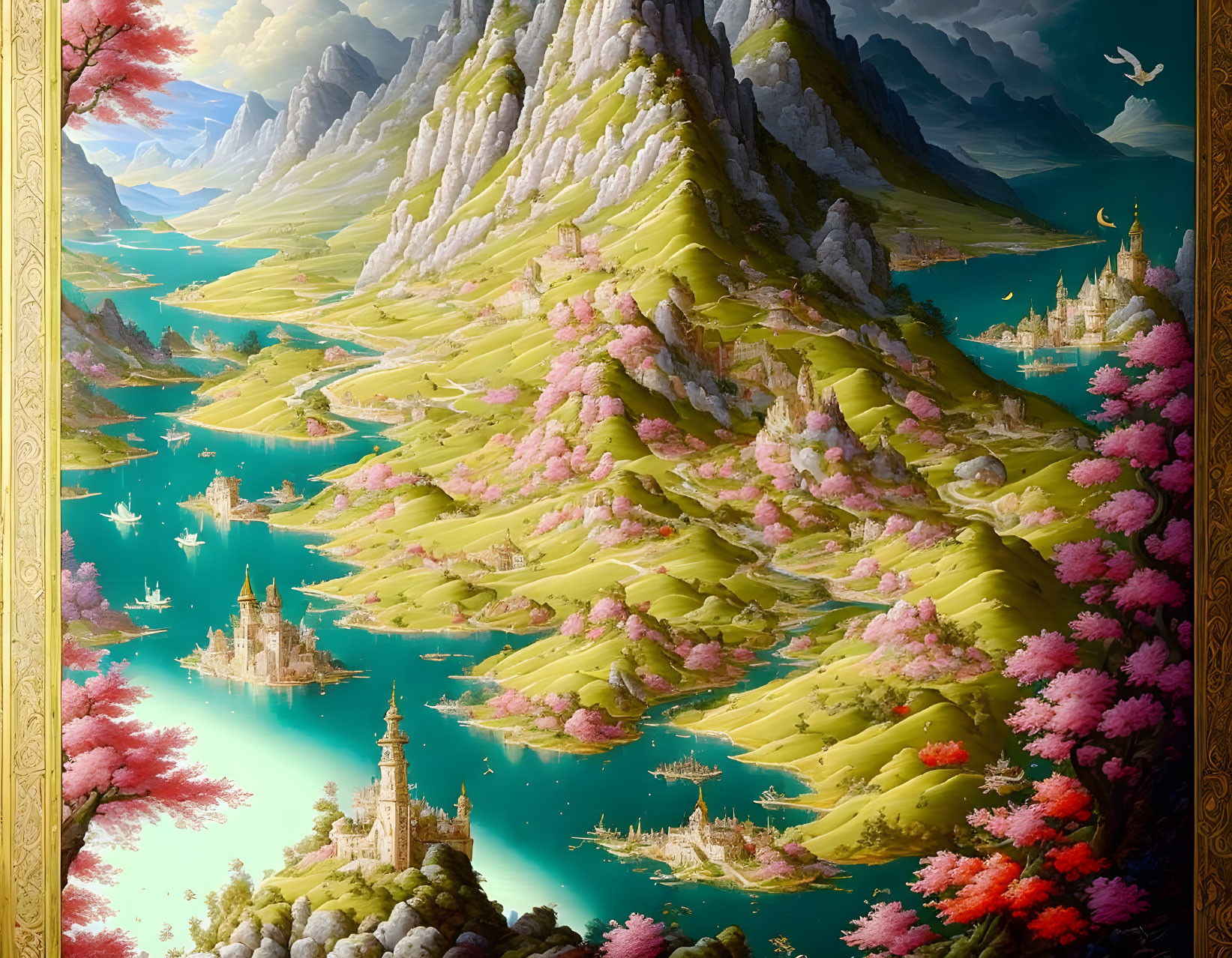 Vivid landscape painting: towering mountain, pink trees, castles, blue sky