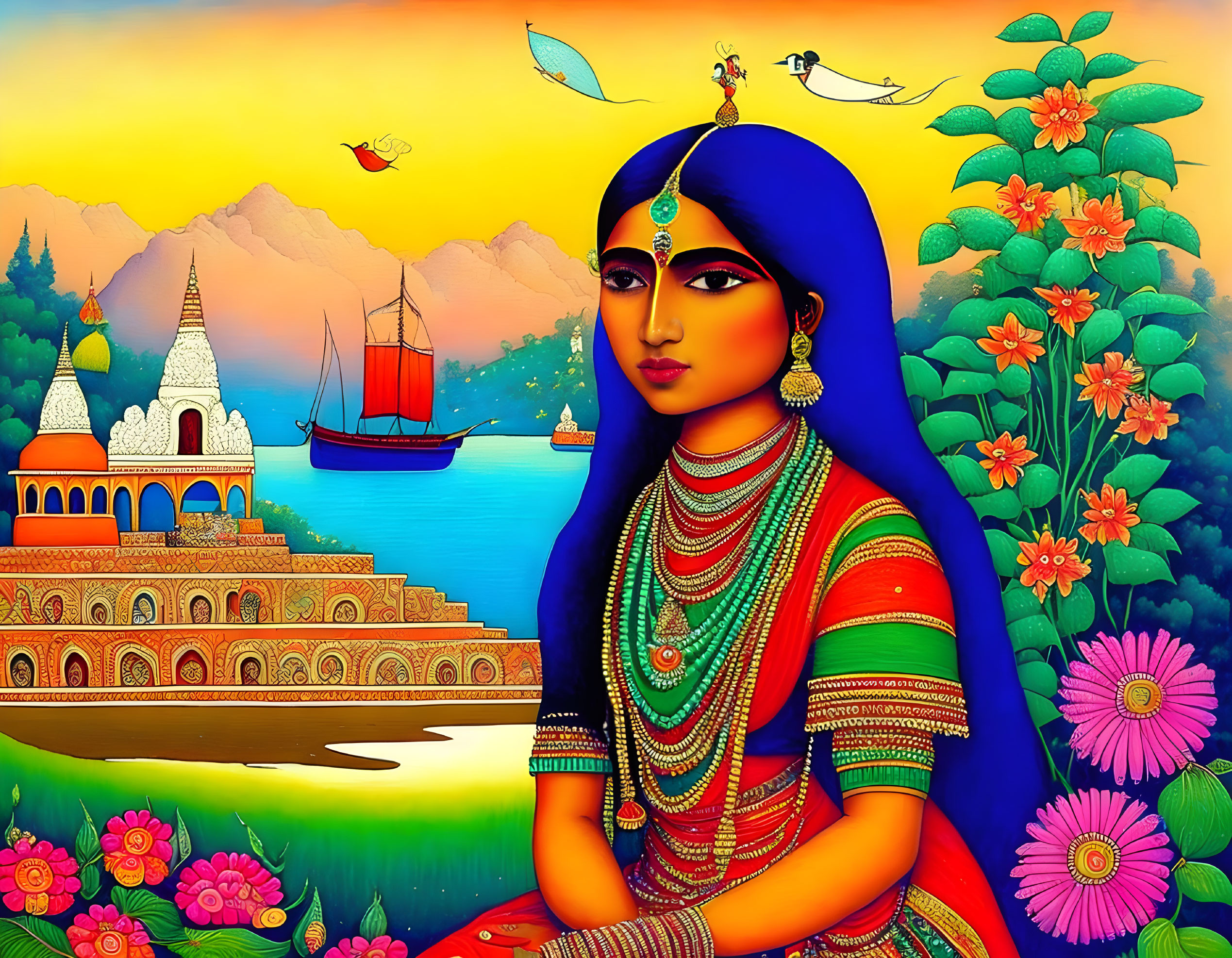 Vibrant illustration of a traditional woman in ornate attire with jewelry, set against a scenic landscape