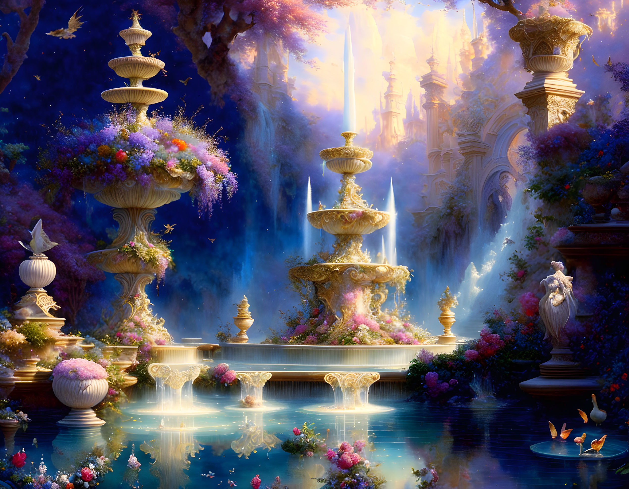 Ornate fantasy garden with fountains, vibrant flowers, serene pond, and glowing city backdrop