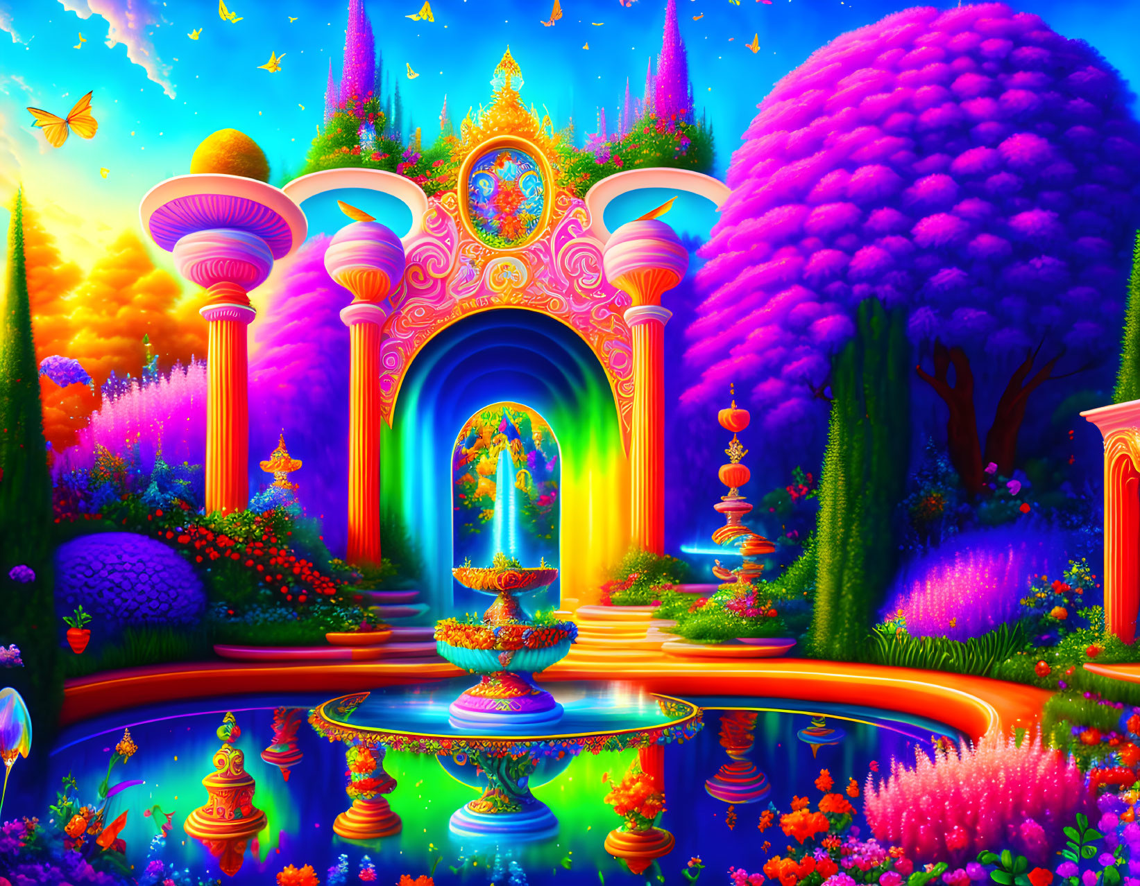 Colorful Fantasy Landscape with Glowing Archway & Reflective Pool