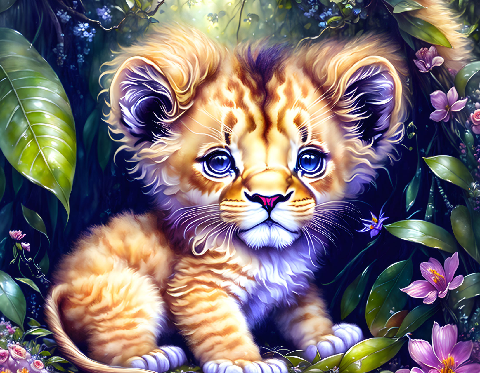 Illustration of baby lion with big eyes in lush greenery.