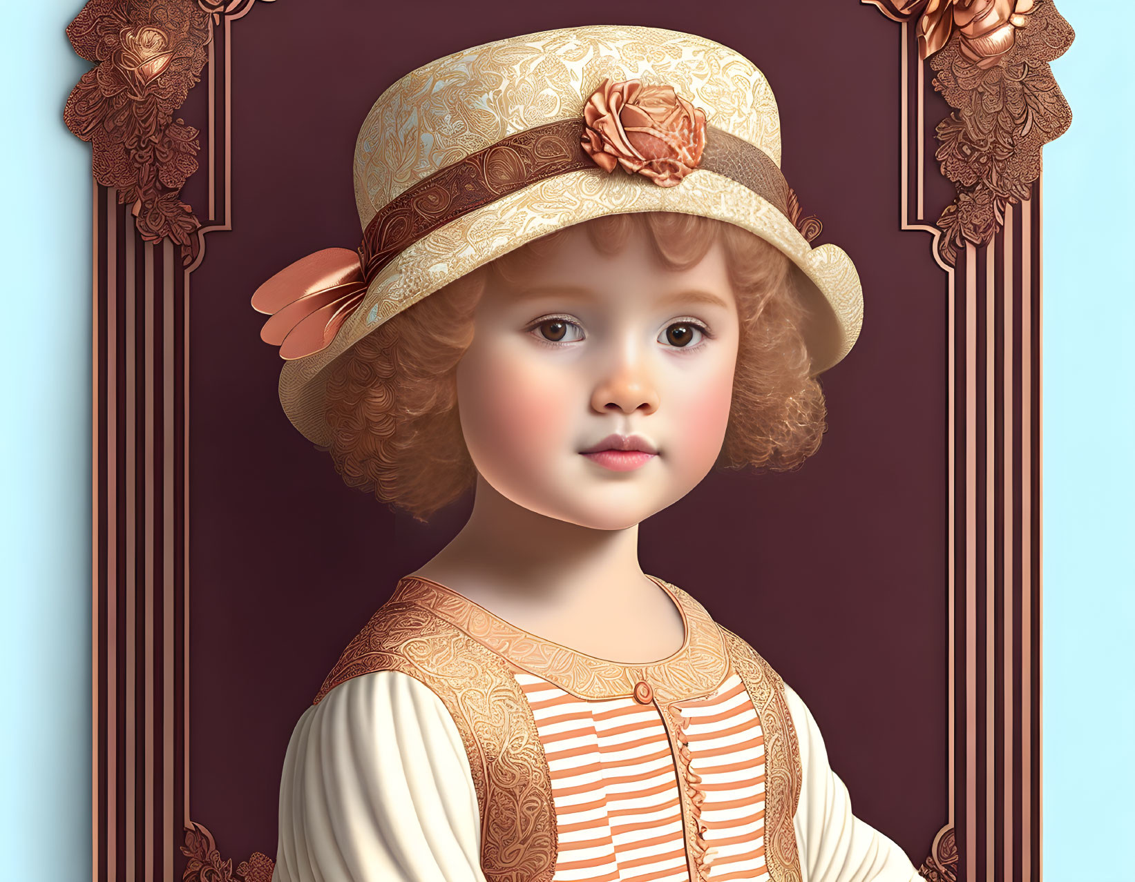 Young girl with curly hair in vintage-style portrait wearing straw hat and floral blouse.