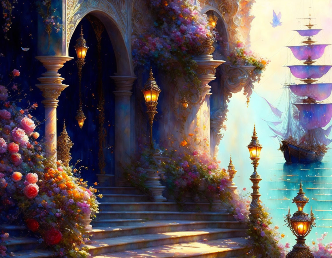 Flower-covered staircase, archway, lanterns, and floating ships in twilight sky