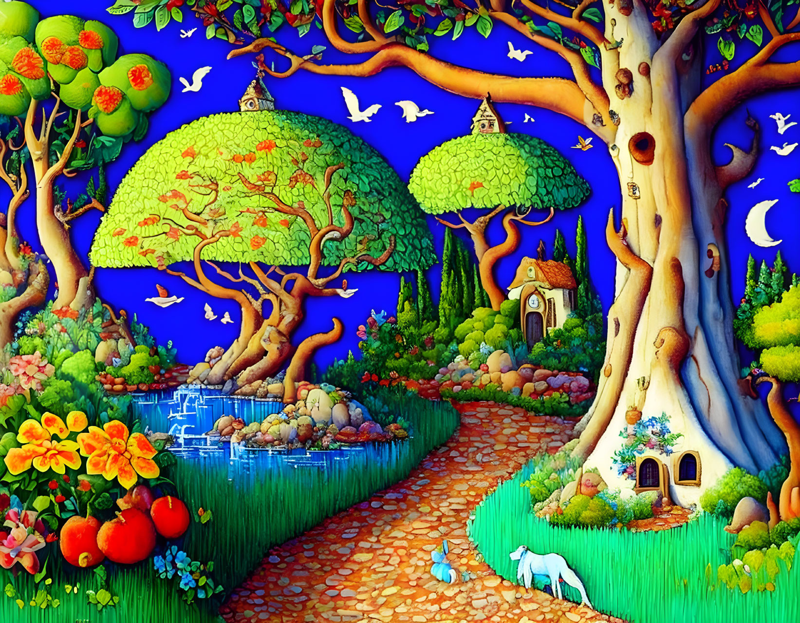 Colorful Landscape with Trees, Waterfall, Animals, and Starry Sky