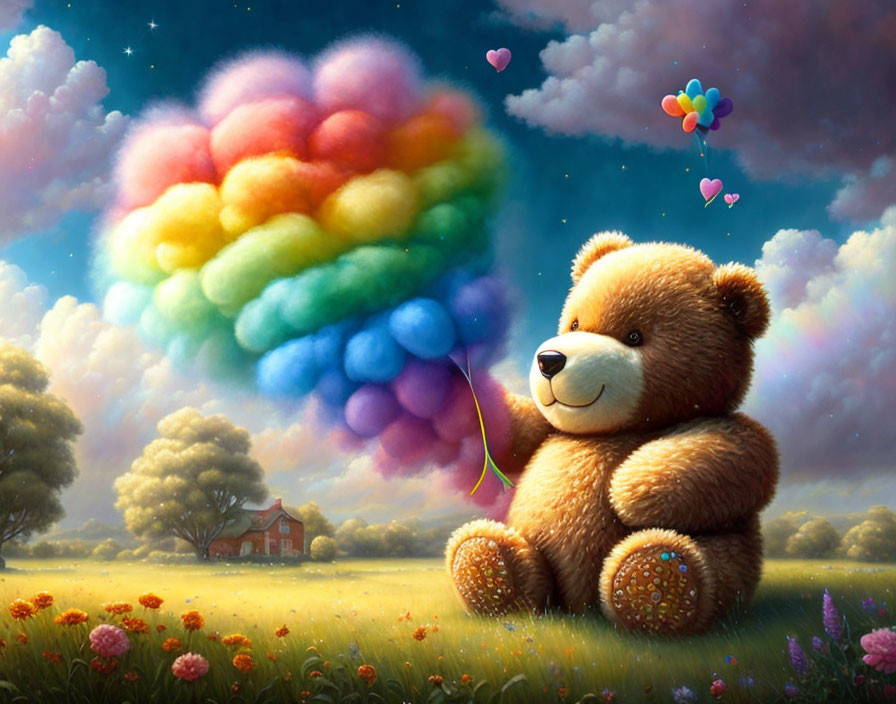 Colorful Teddy Bear with Stem Surrounded by Flowers and Heart Balloons