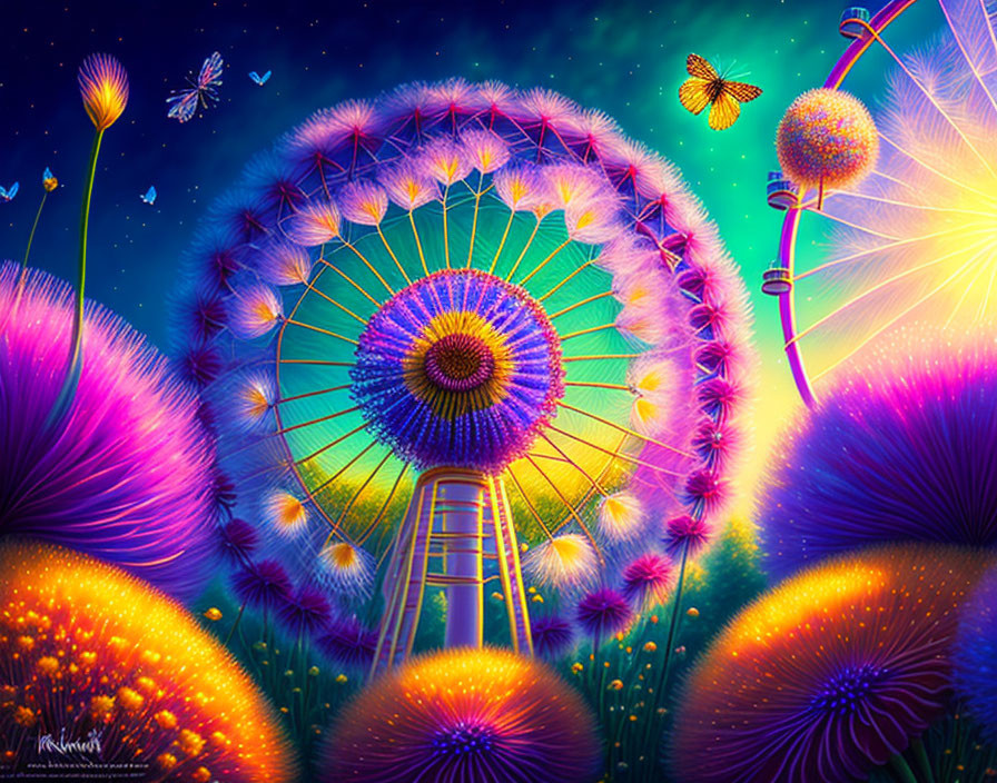 Fantasy landscape with luminous ferris wheel and radiant flora