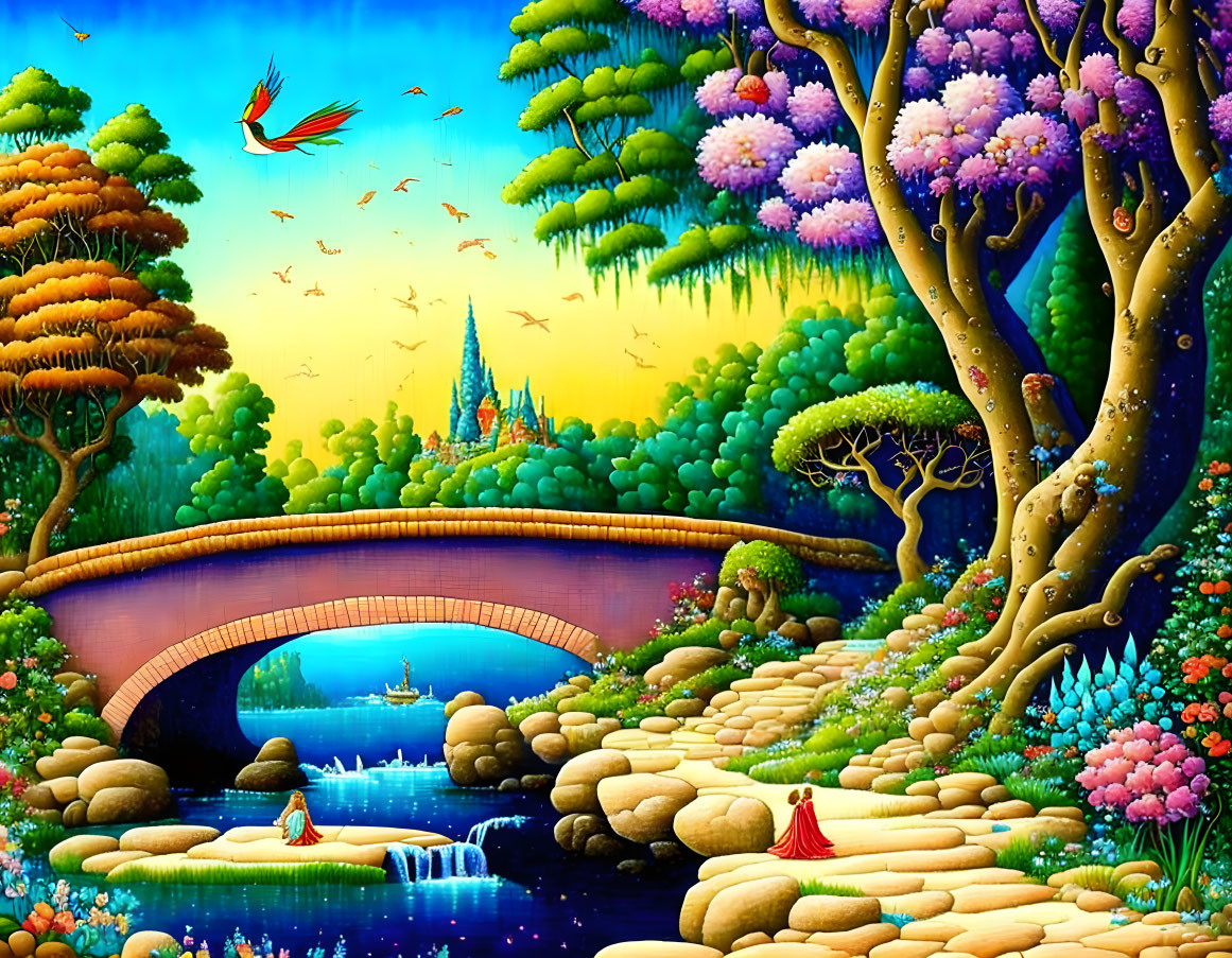 Colorful Fantasy Landscape: Stone Bridge, River, Trees, Flowers, Birds