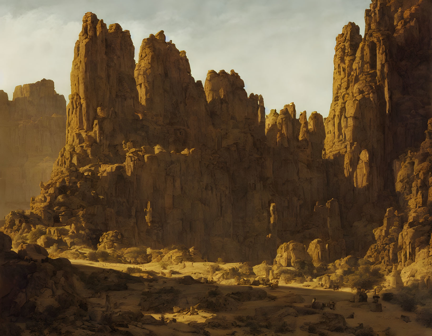 Rocky cliffs in desert landscape under warm sunlight