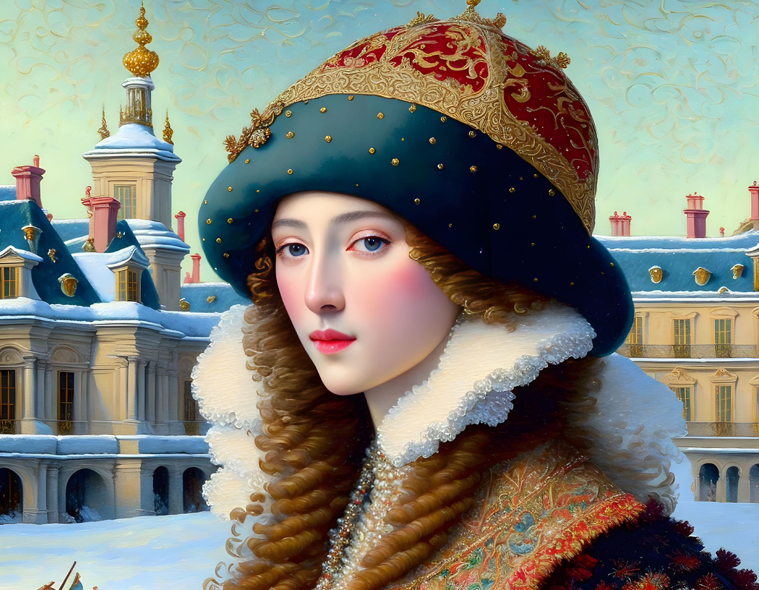 Portrait of woman in traditional Russian attire with ornate headdress against snowy palace