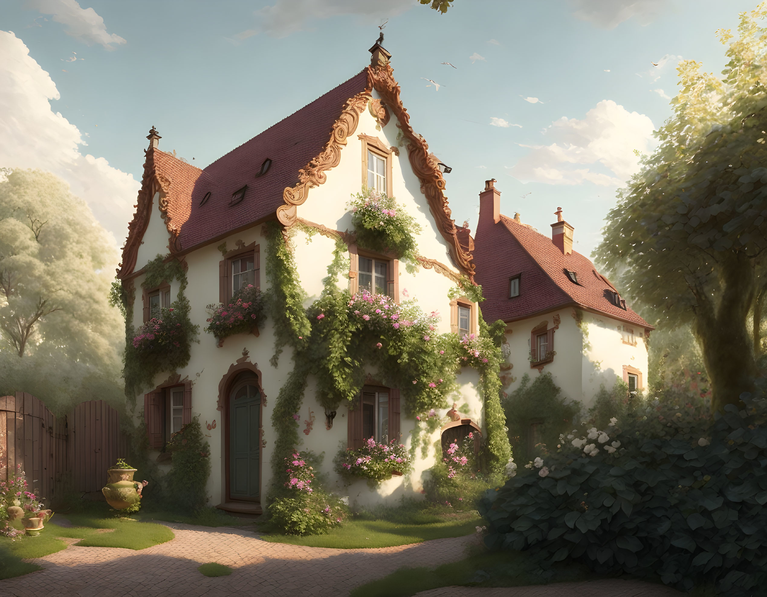 European-style House Surrounded by Greenery and Flowers