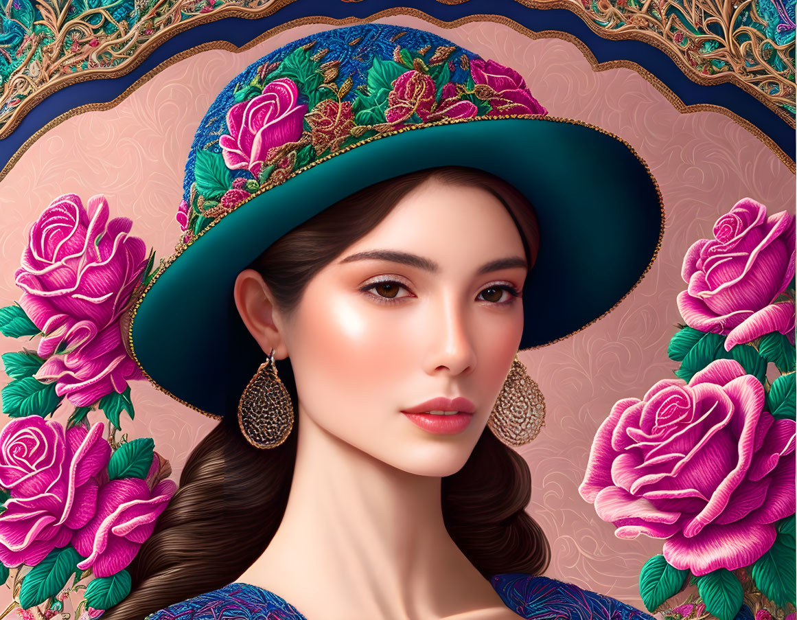 Woman with teal floral hat surrounded by pink roses and gold patterns.