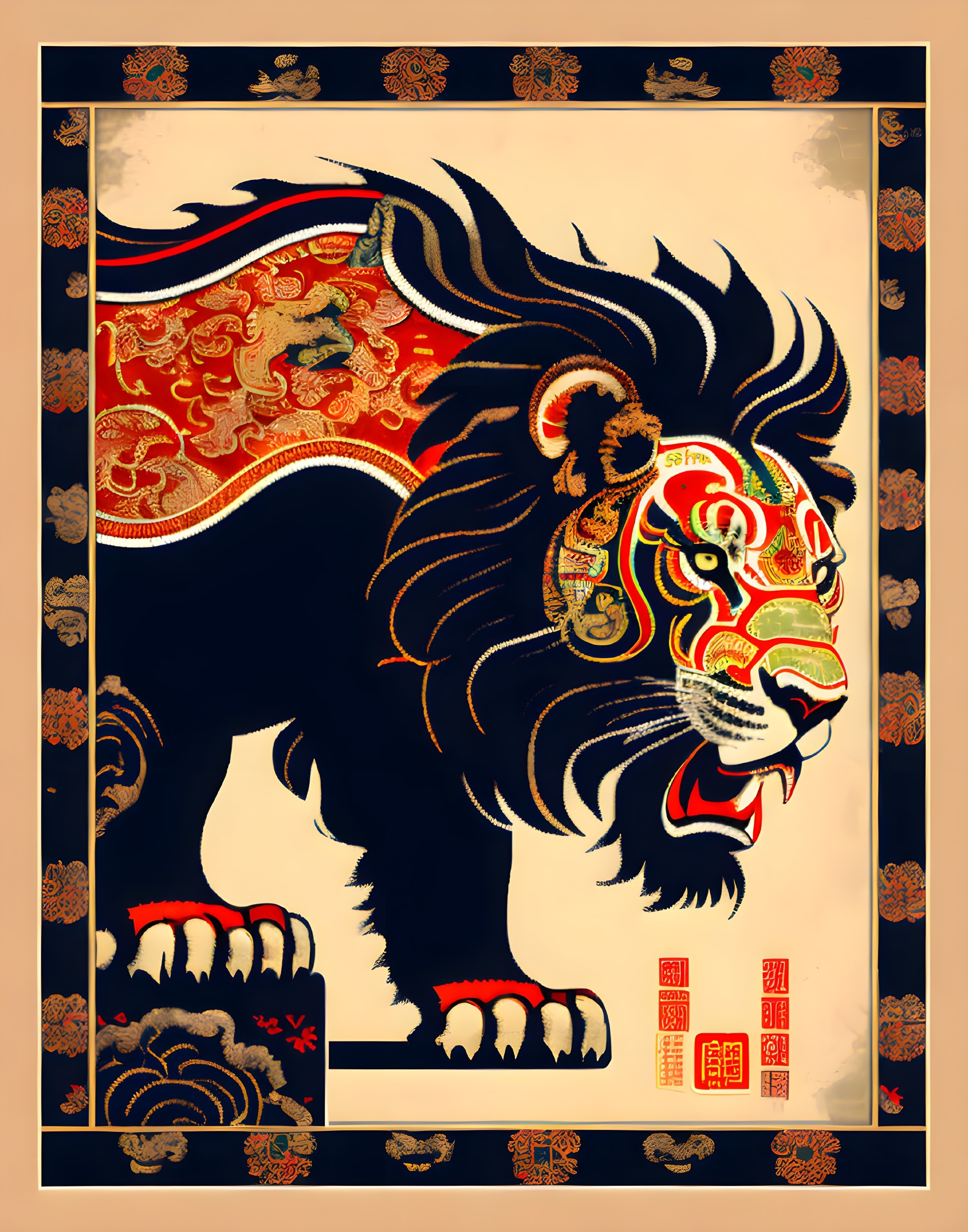 Stylized lion poster with decorative mane and Asian motifs