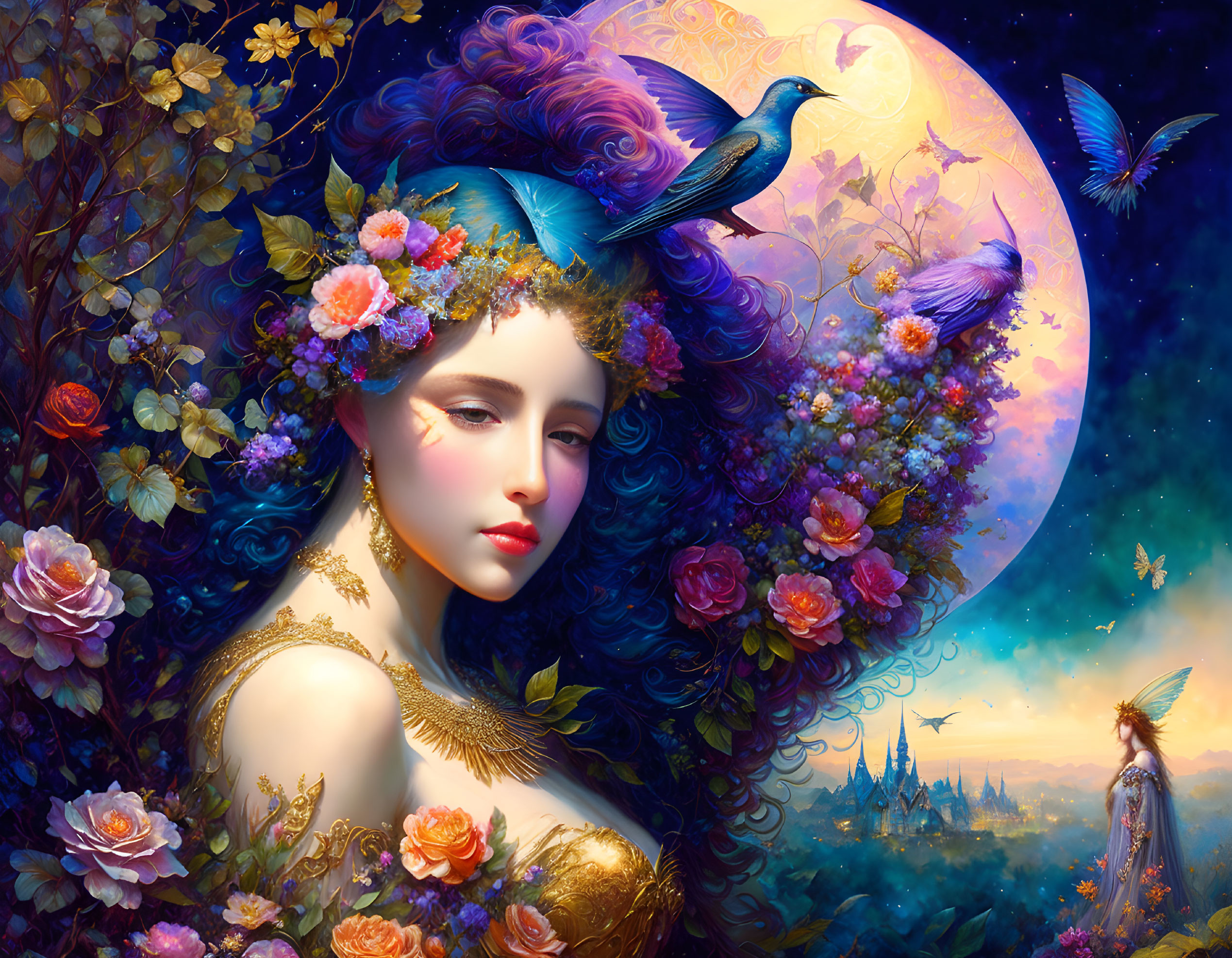 Fantastical portrait of woman with flowers, bird, moonlit sky, butterflies, and fairy castle