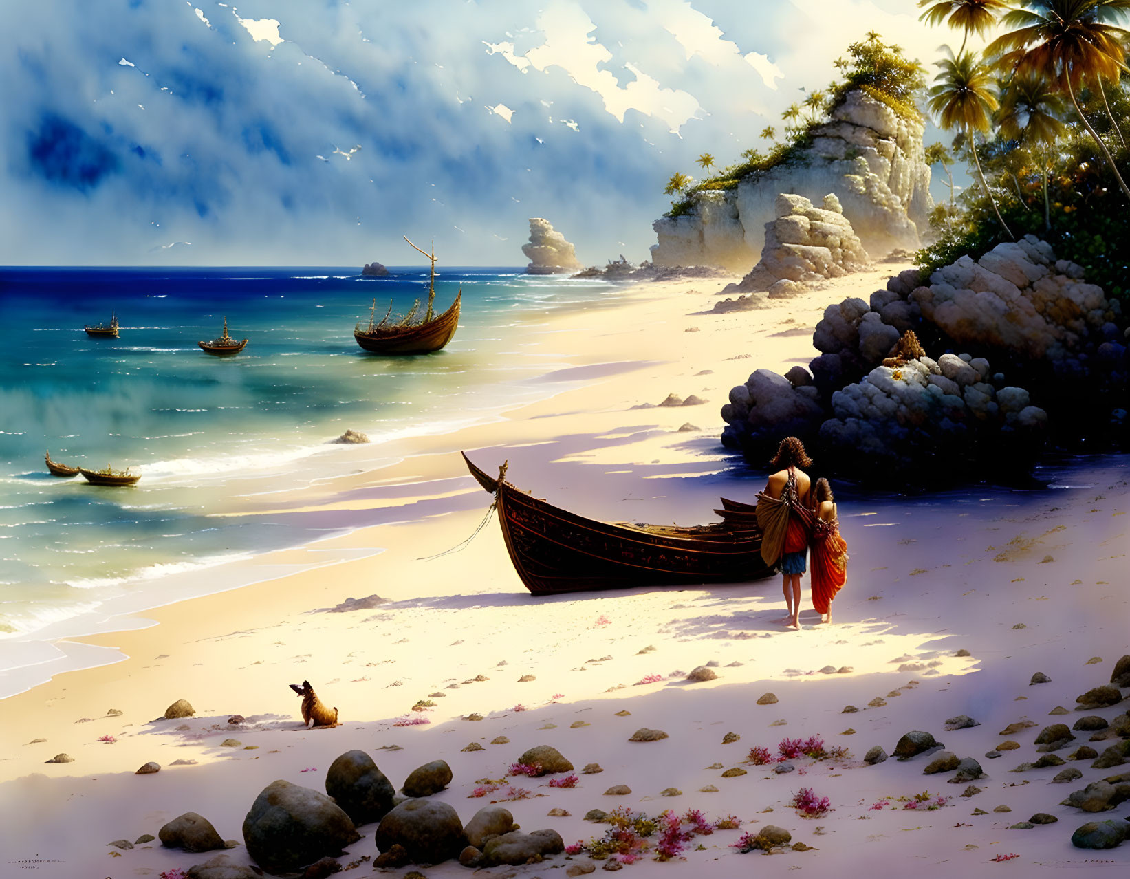 Tranquil beach scene with person, dog, boat, palm trees, vessels, cliff, and