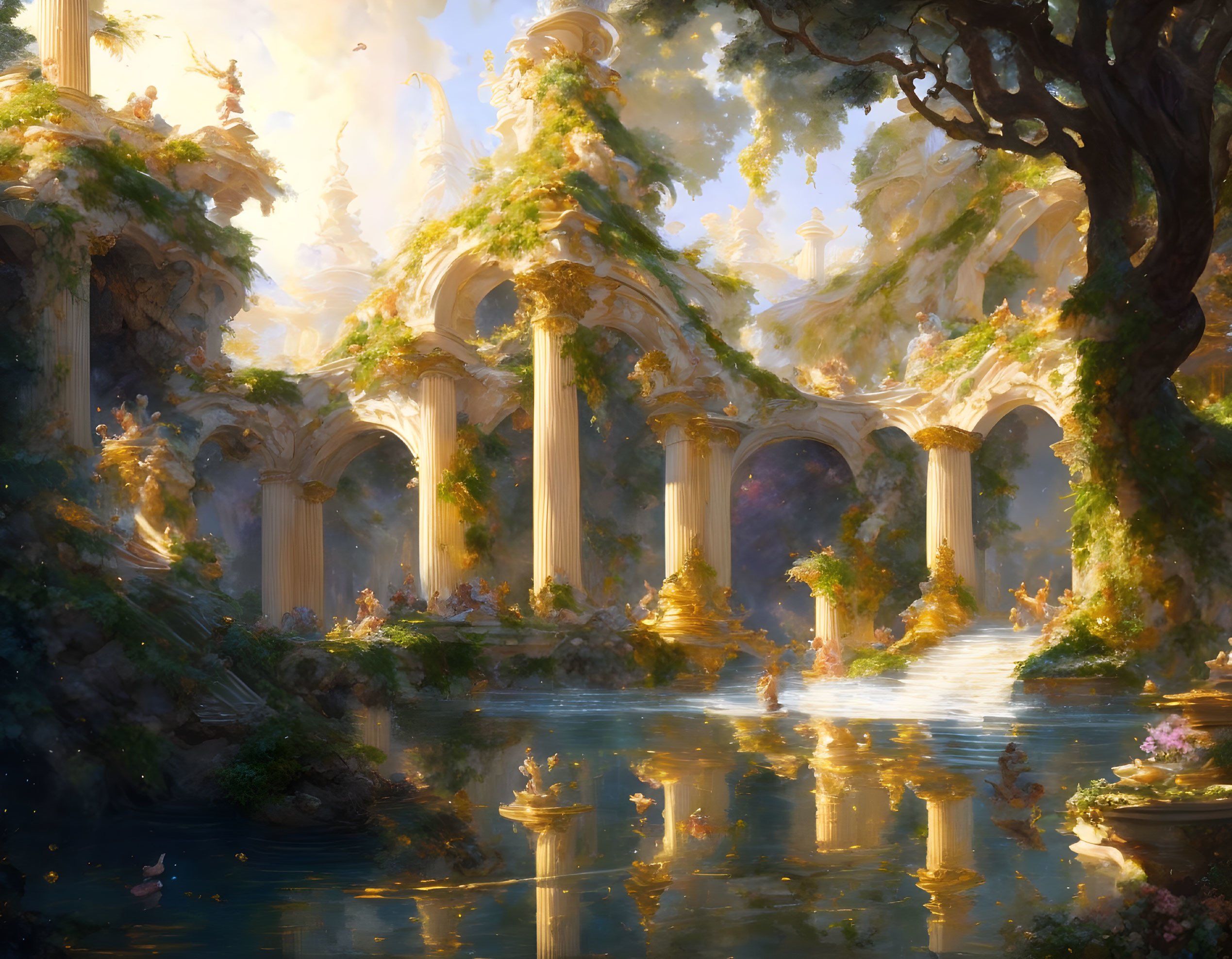 Fantasy landscape with ivy-covered arches and serene waters