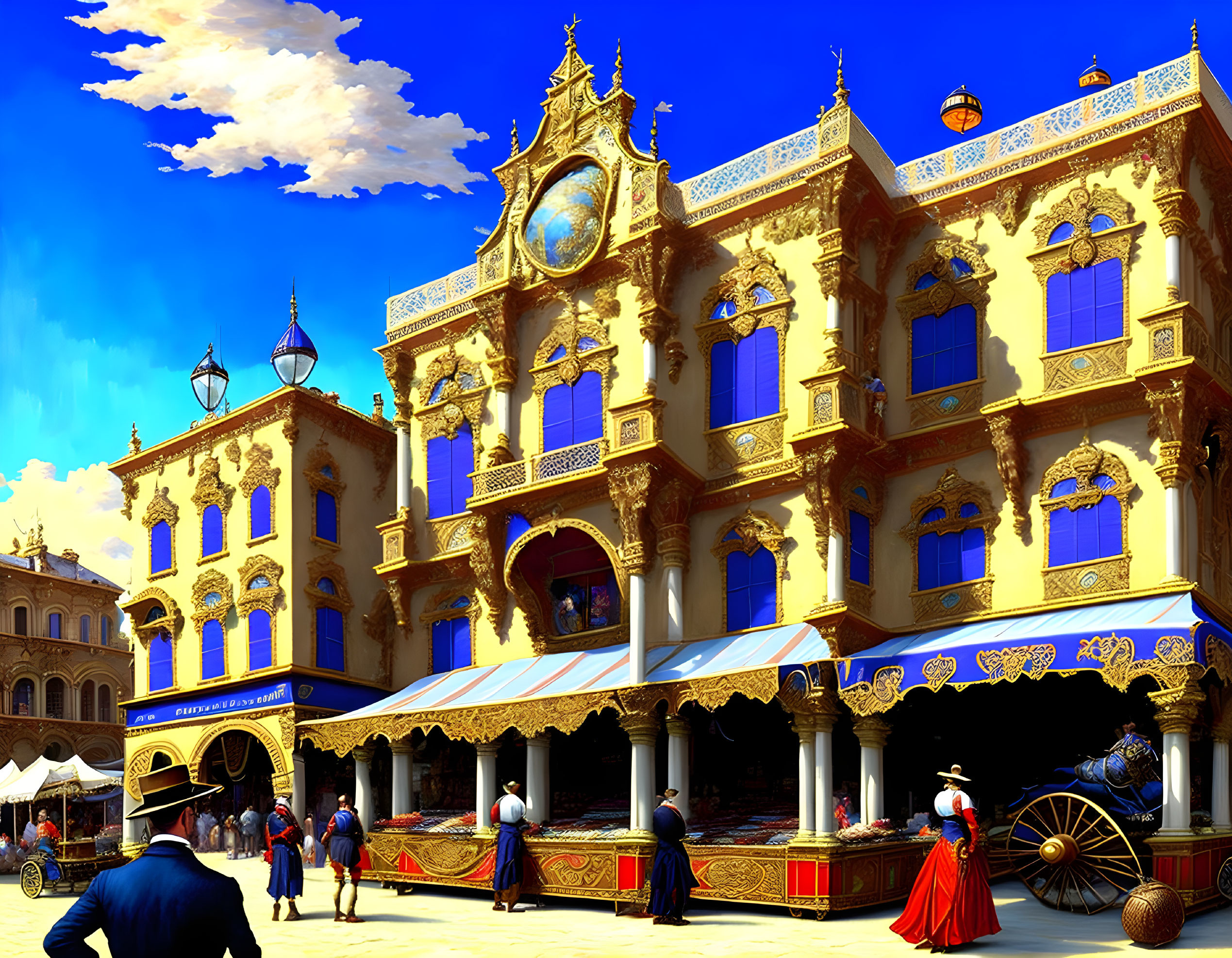 Ornate building with golden details and period-clad people under blue sky