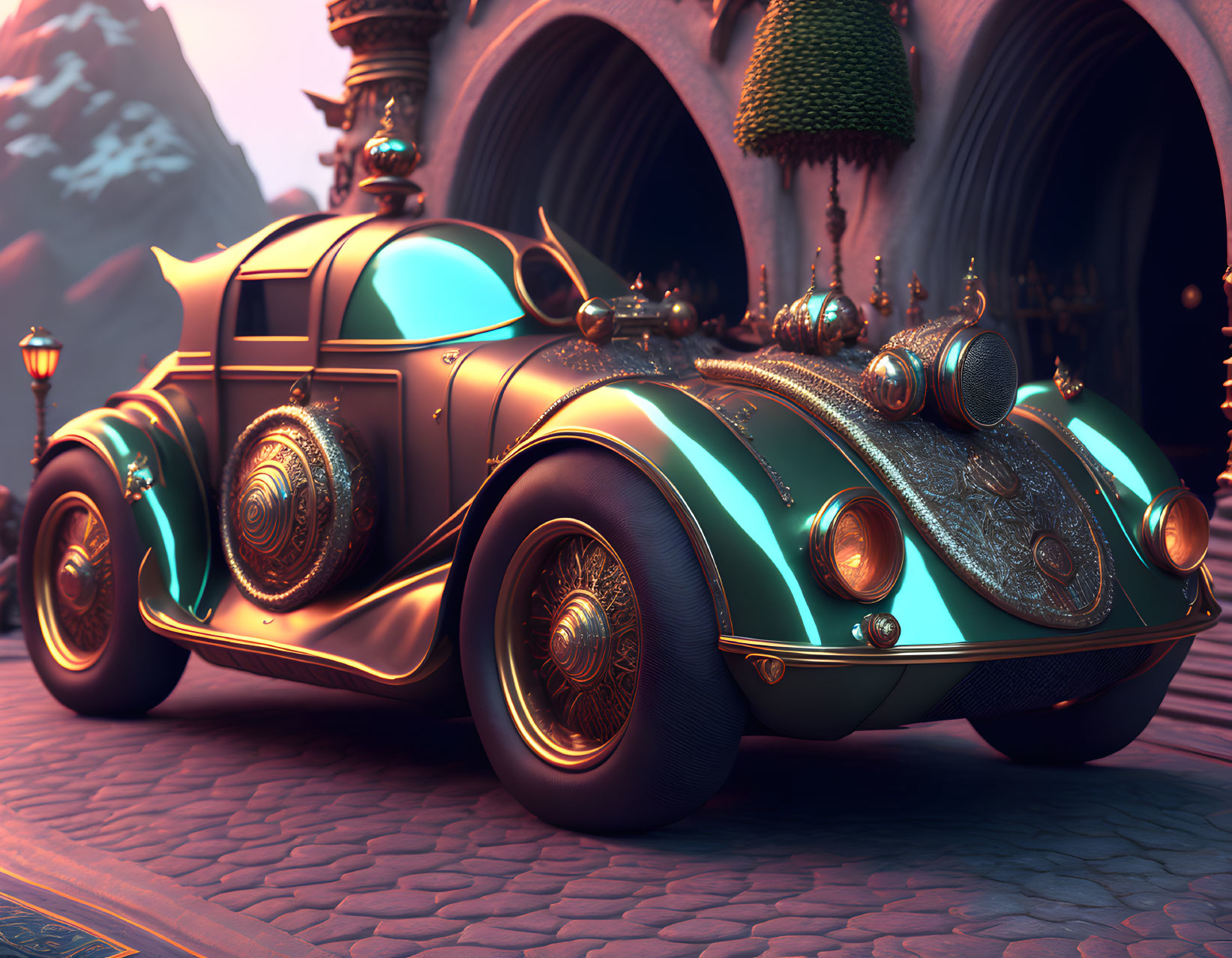 Vintage Futuristic Car with Teal and Gold Design in Cityscape