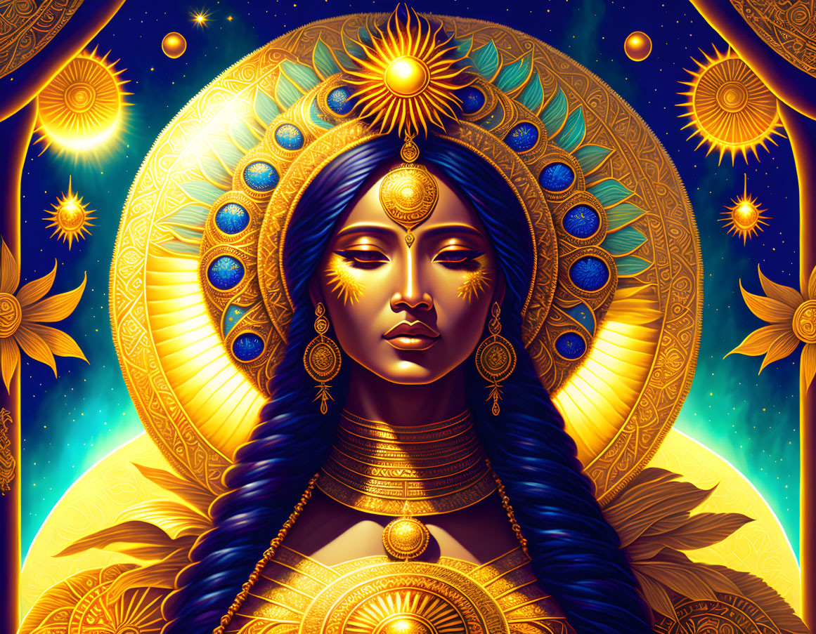 Blue-skinned woman with golden jewelry and radiant halo with sun motifs.