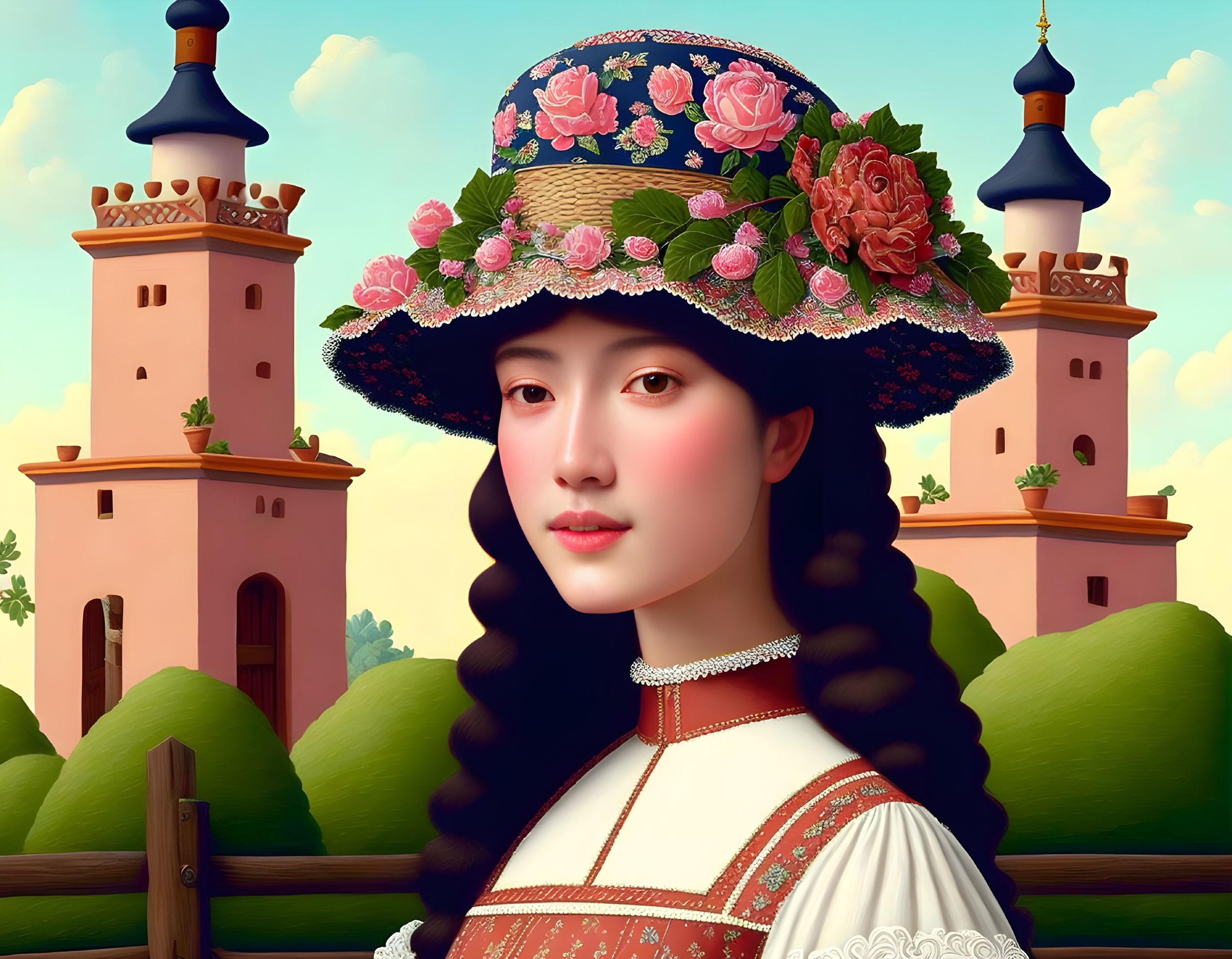 Digital artwork of woman with braided hair and wide-brimmed hat in front of castle