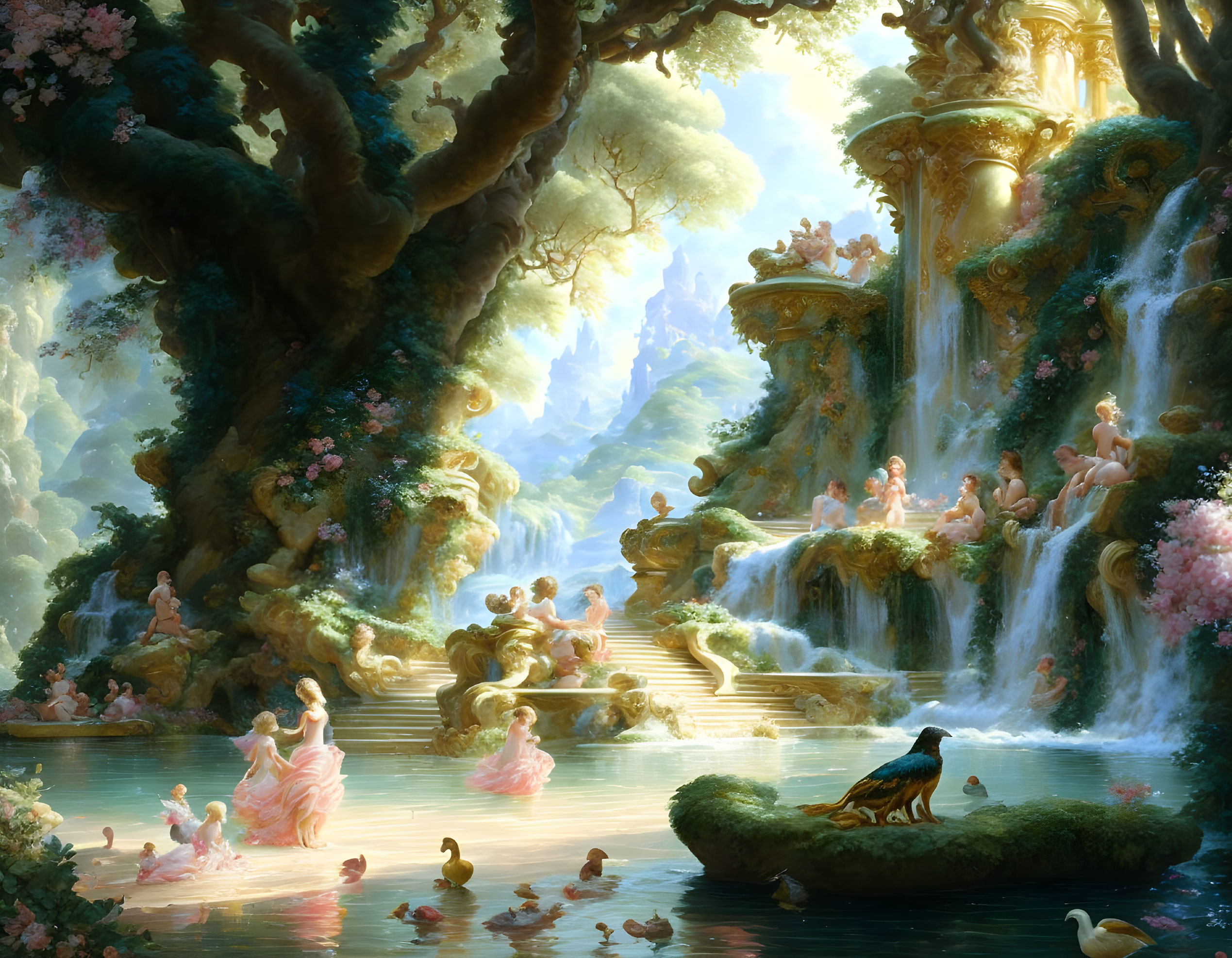 Enchanting garden with waterfalls, ethereal figures, peacock, ducks, and blooming