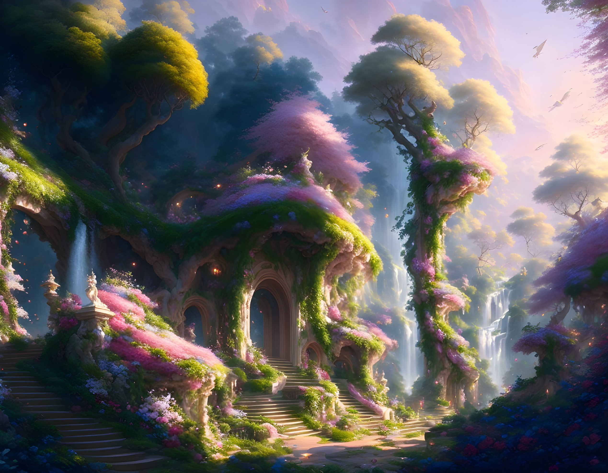 Majestic forest scenery: towering trees, pink blossoms, waterfall, and mystical doorway