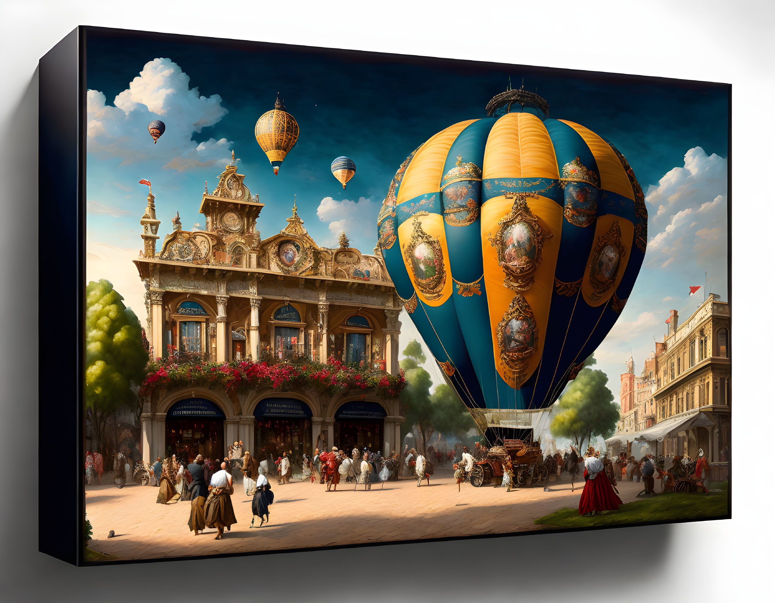 Colorful painting of historic cityscape with hot air balloons