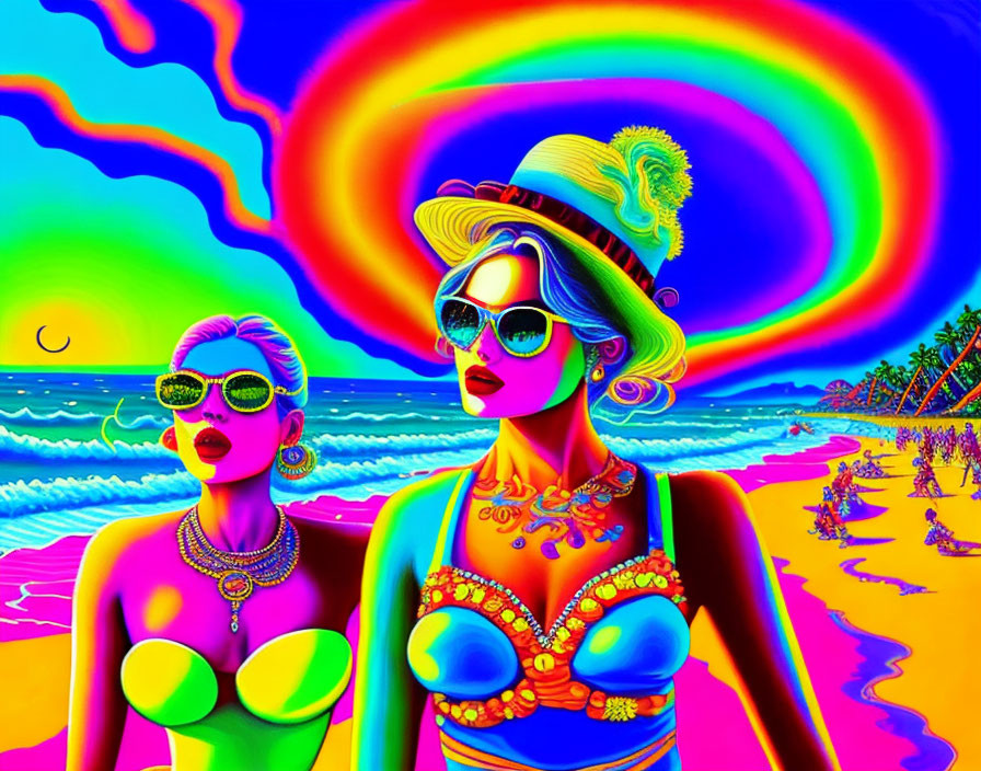 Stylized women on vibrant psychedelic beach with rainbow swirl and palm trees