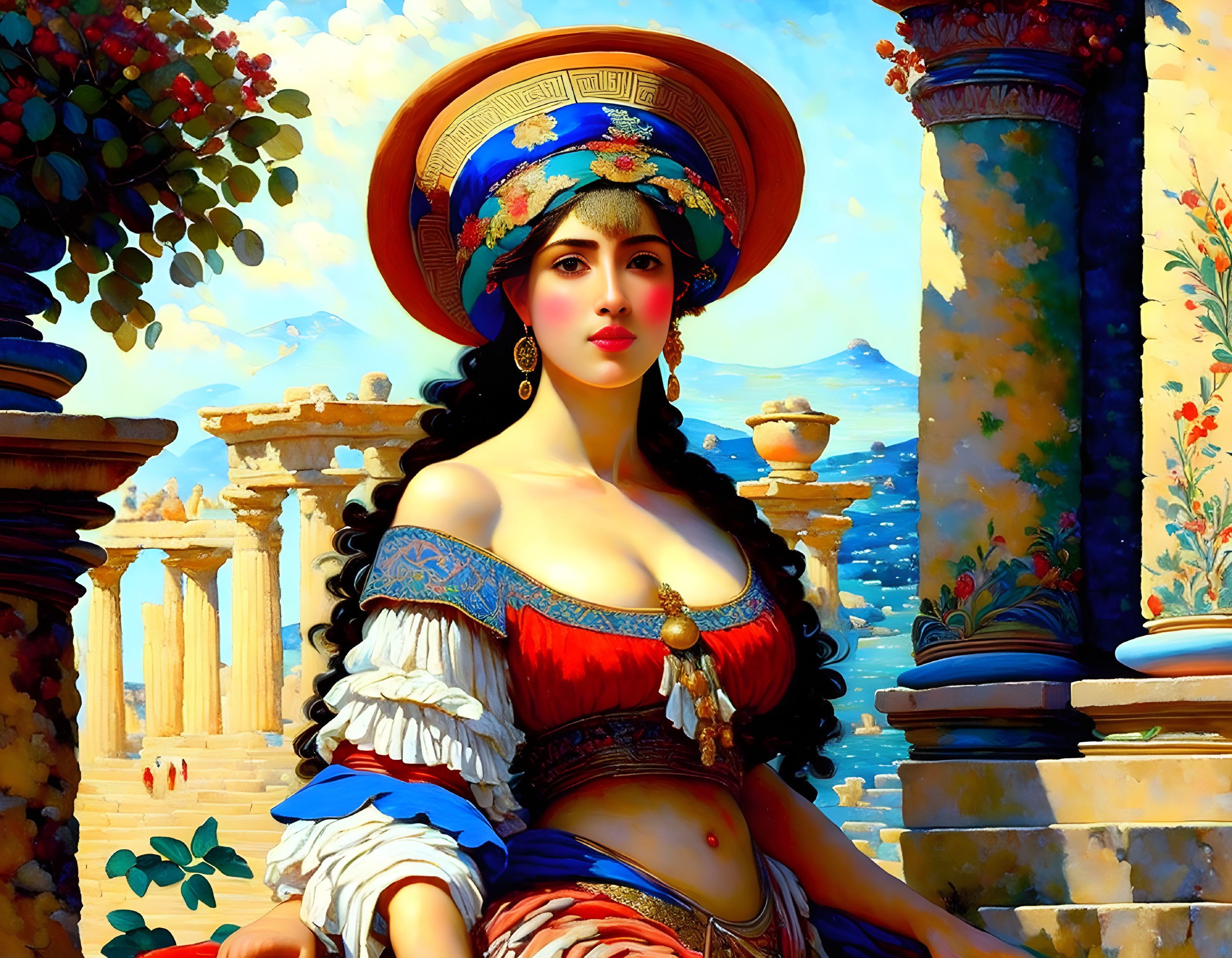 Historical woman in wide-brimmed hat with classical architecture backdrop