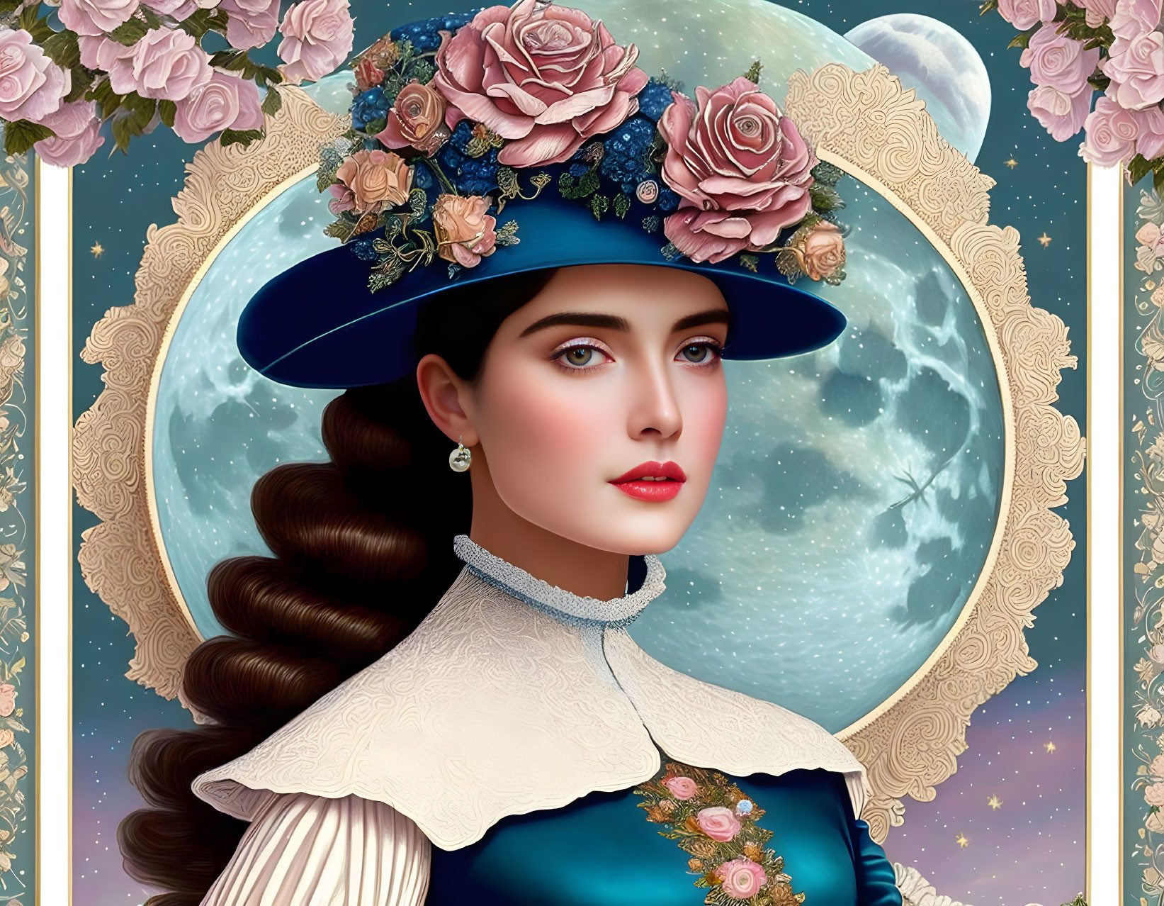 Victorian lady in floral hat surrounded by roses and moons under starry sky.