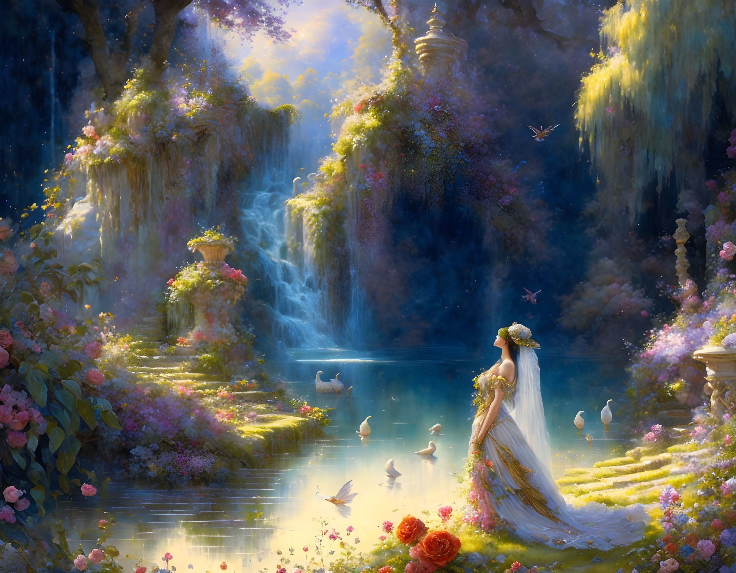 Fantasy landscape with waterfalls, woman in white gown, lake, flowers, birds, swans