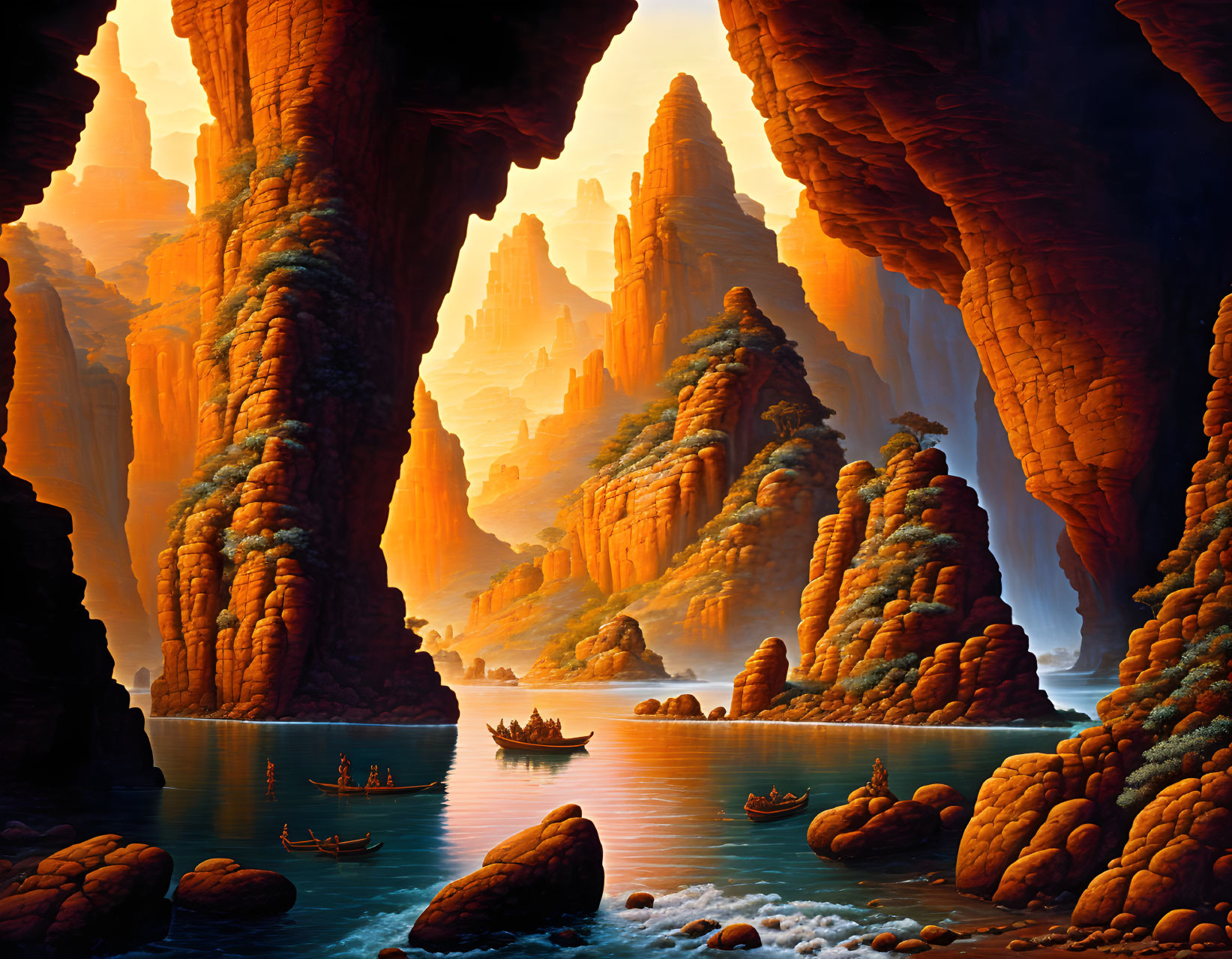 Majestic fantasy landscape with rock formations, lake, boats, and vibrant colors