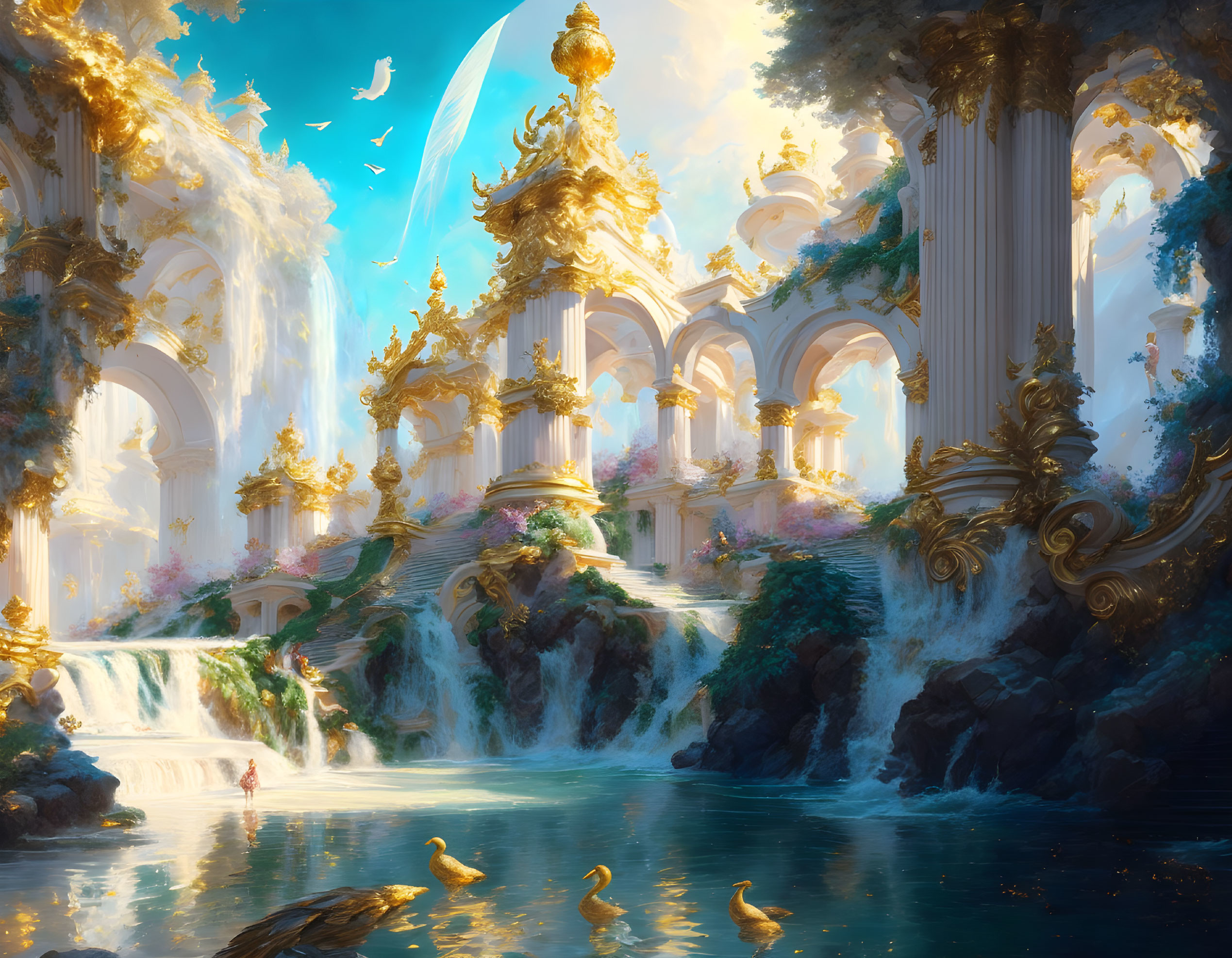 Ethereal fantasy palace with golden architecture, waterfalls, columns, and serene lake.