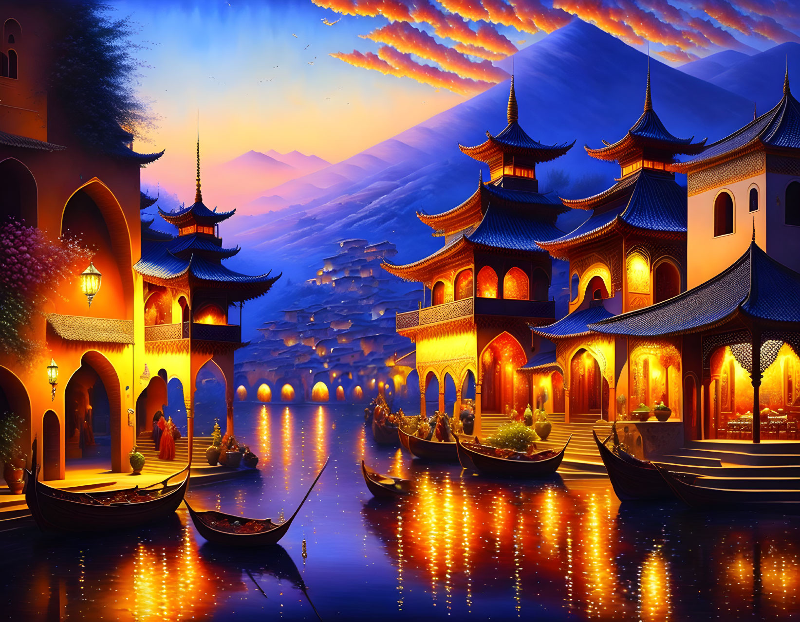 Traditional Asian waterfront village at sunset with pagoda-style buildings and boats on calm water