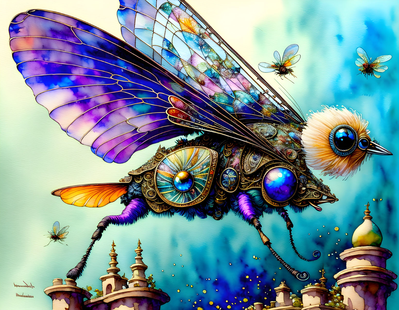 Steampunk-style mechanical fly illustration with colorful, intricate gears and stained glass wings on blue backdrop