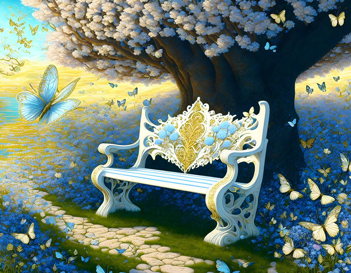 White Bench Under Blossoming Tree Surrounded by Butterflies and Petals