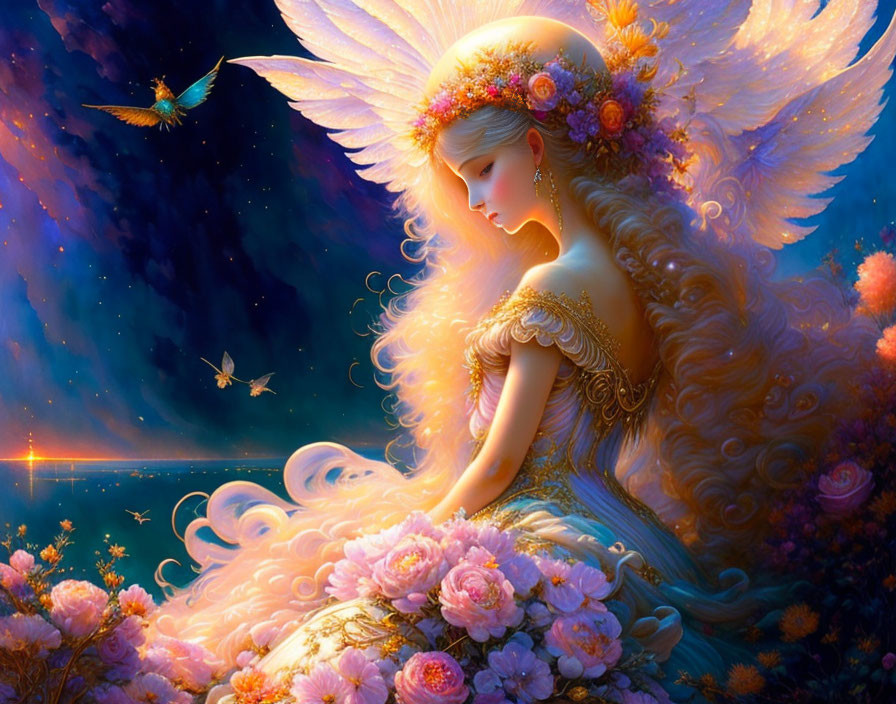 Ethereal winged being surrounded by flowers and gold under starry sky