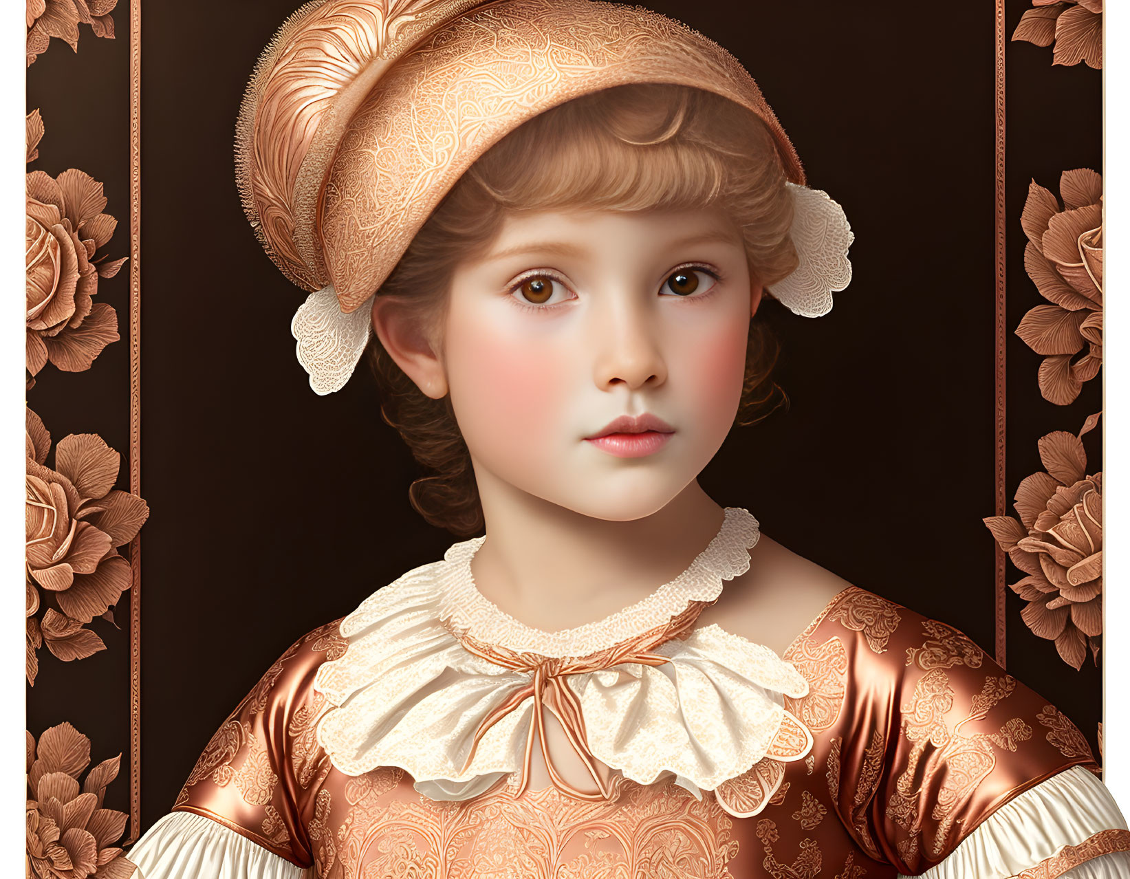 Digital Art Portrait of Young Girl in Gold Dress and Bonnet