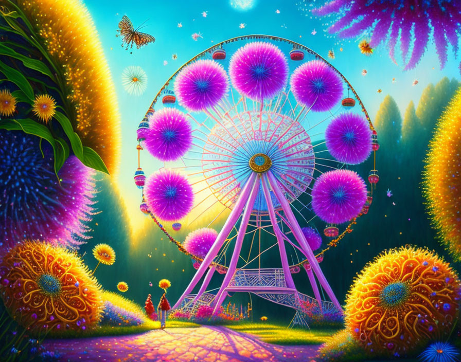 Fantasy art of magical forest with glowing Ferris wheel, purple foliage, fireflies, and couple