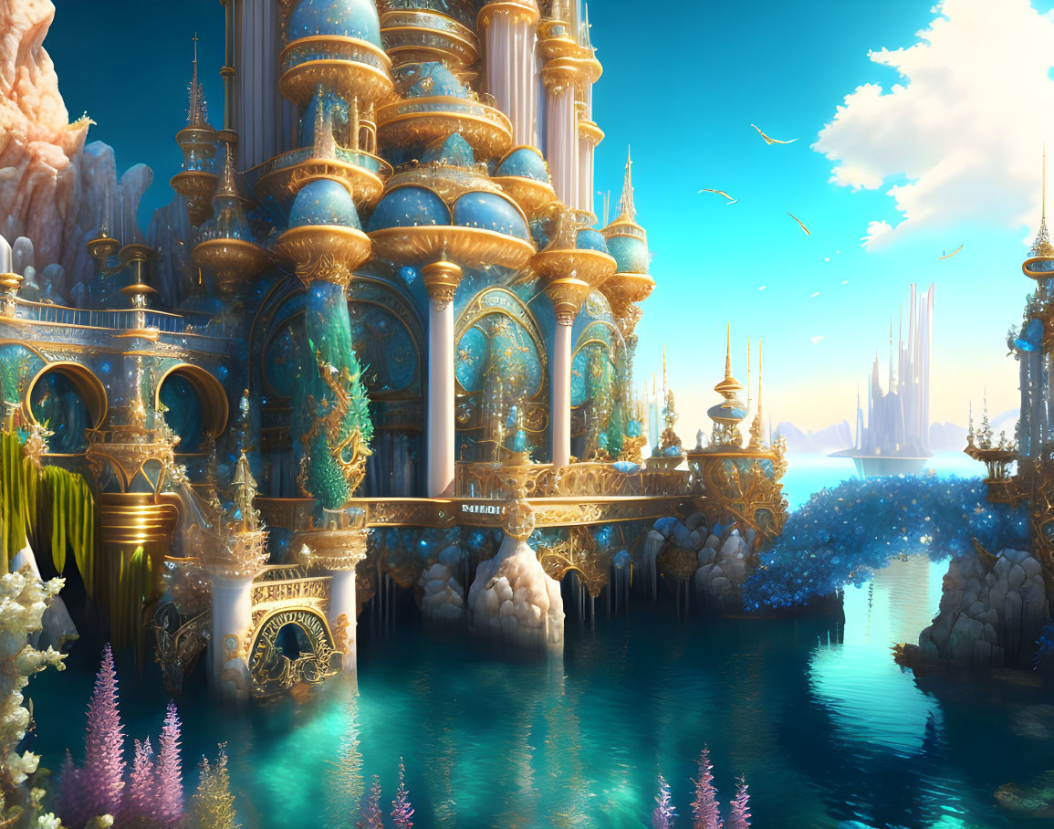 Golden city with ornate towers and arches in a magical setting