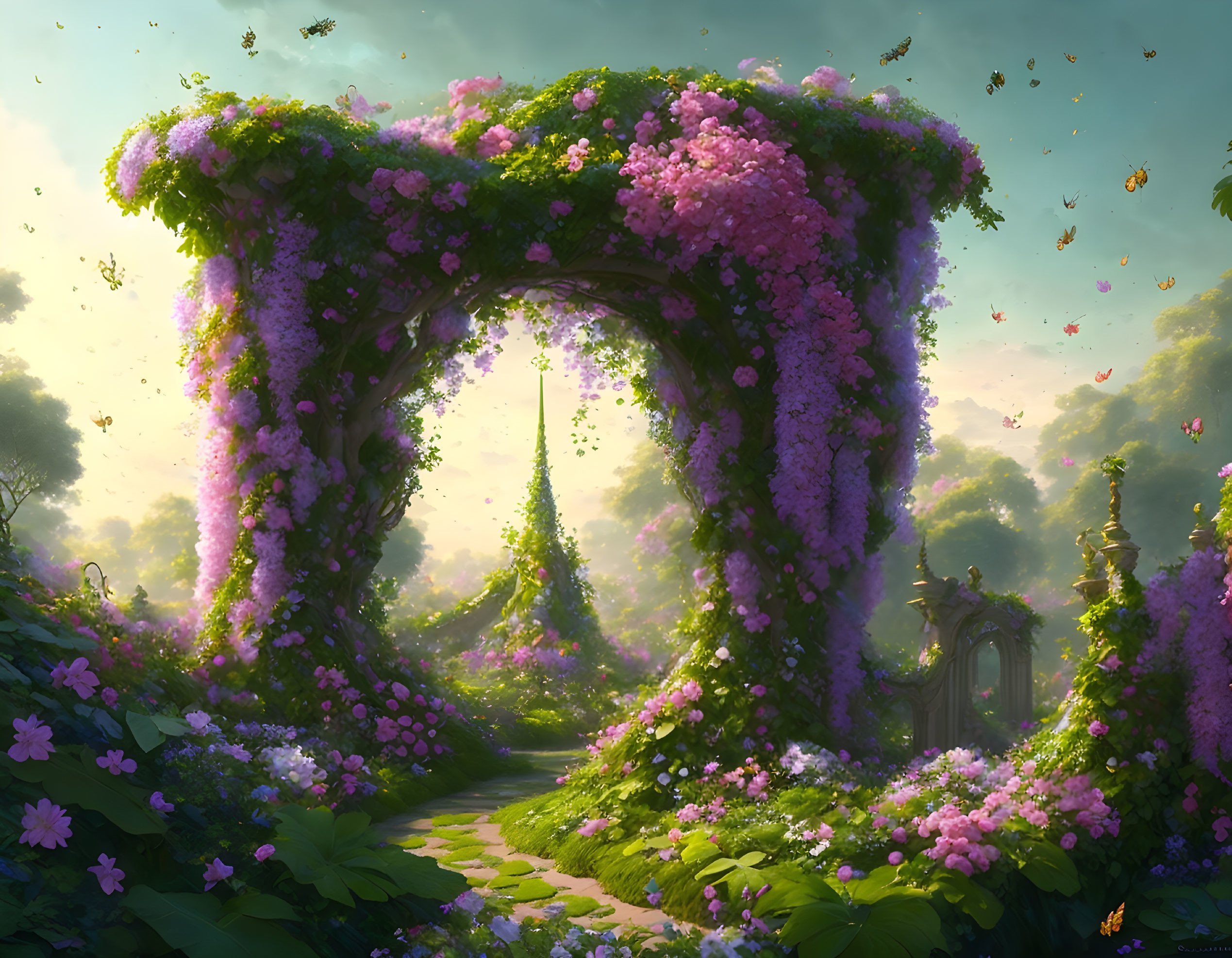 Enchanting forest glade with blooming purple flower archway