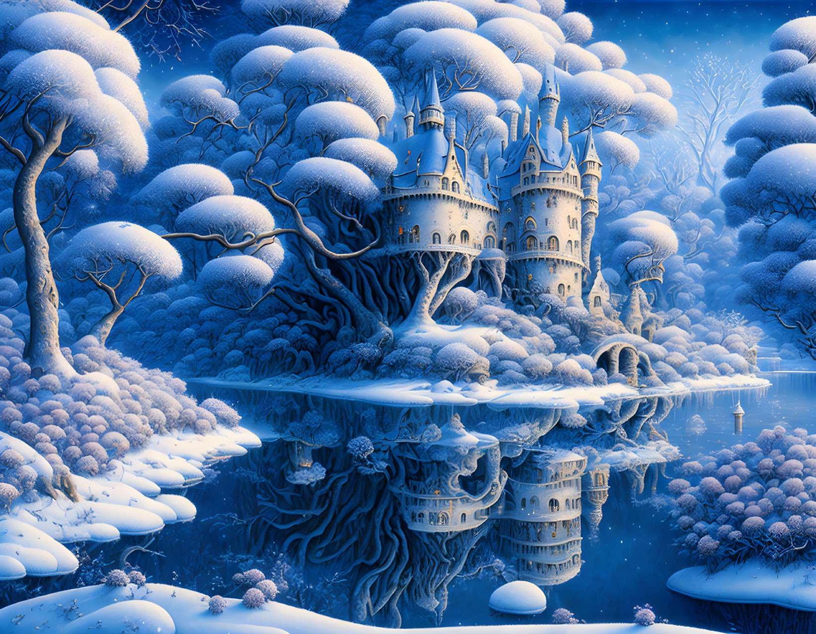 Snowy scene with castle, snow-covered trees, twilight sky