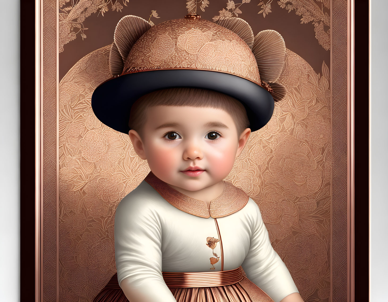 Toddler in vintage attire on floral backdrop