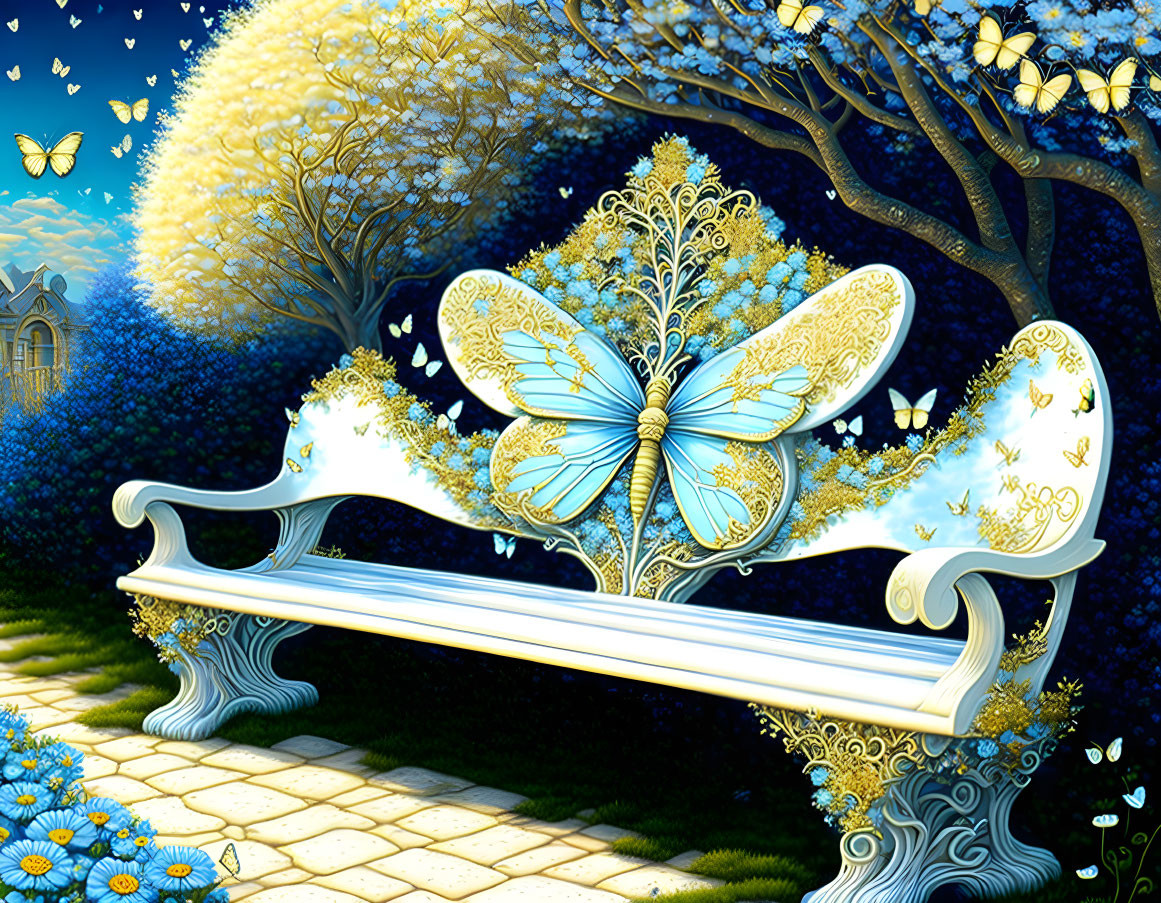 Ornate Park Bench with Butterfly Design in Evening Garden