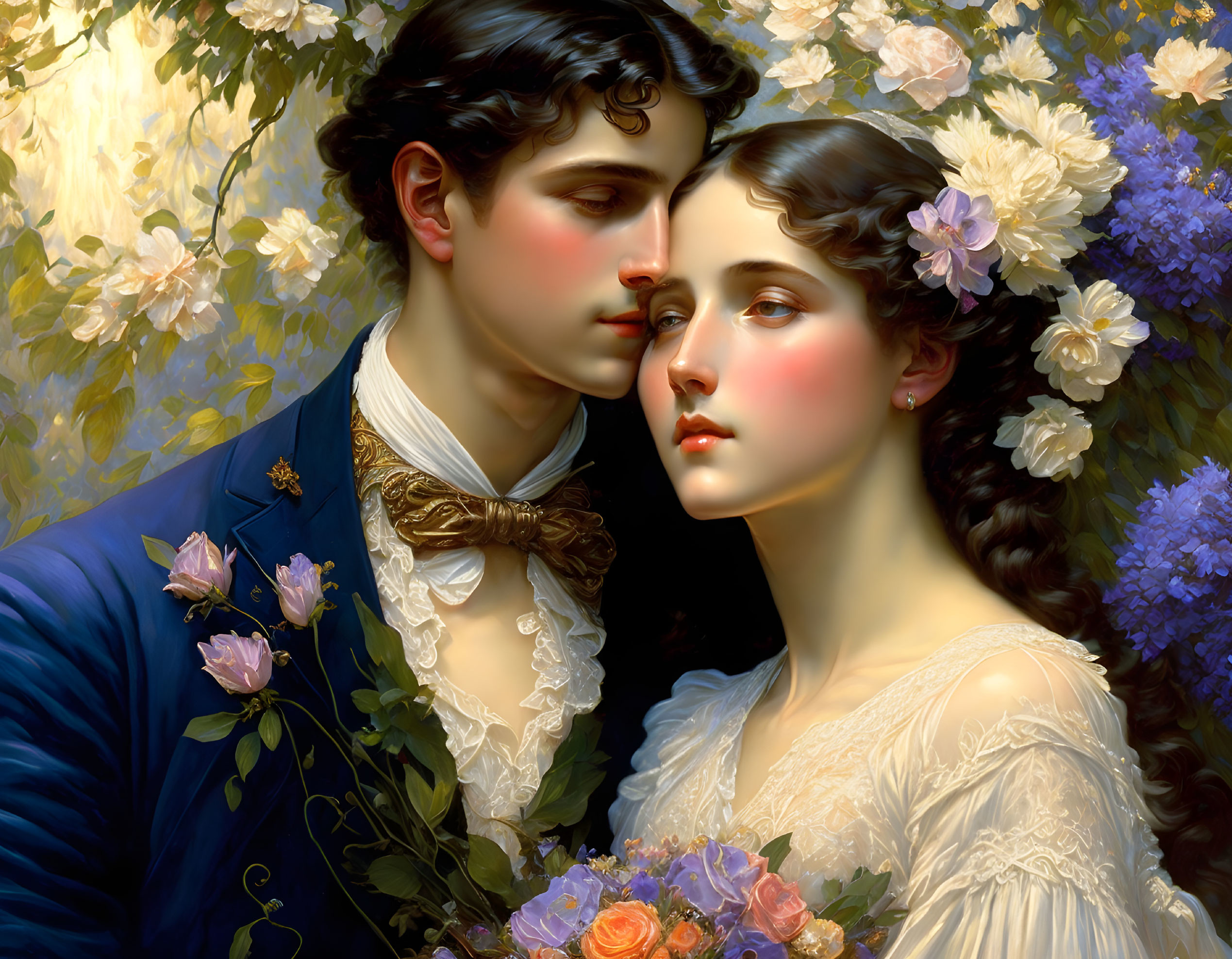 Young couple in vintage attire surrounded by lush flowers: A Romantic Painting