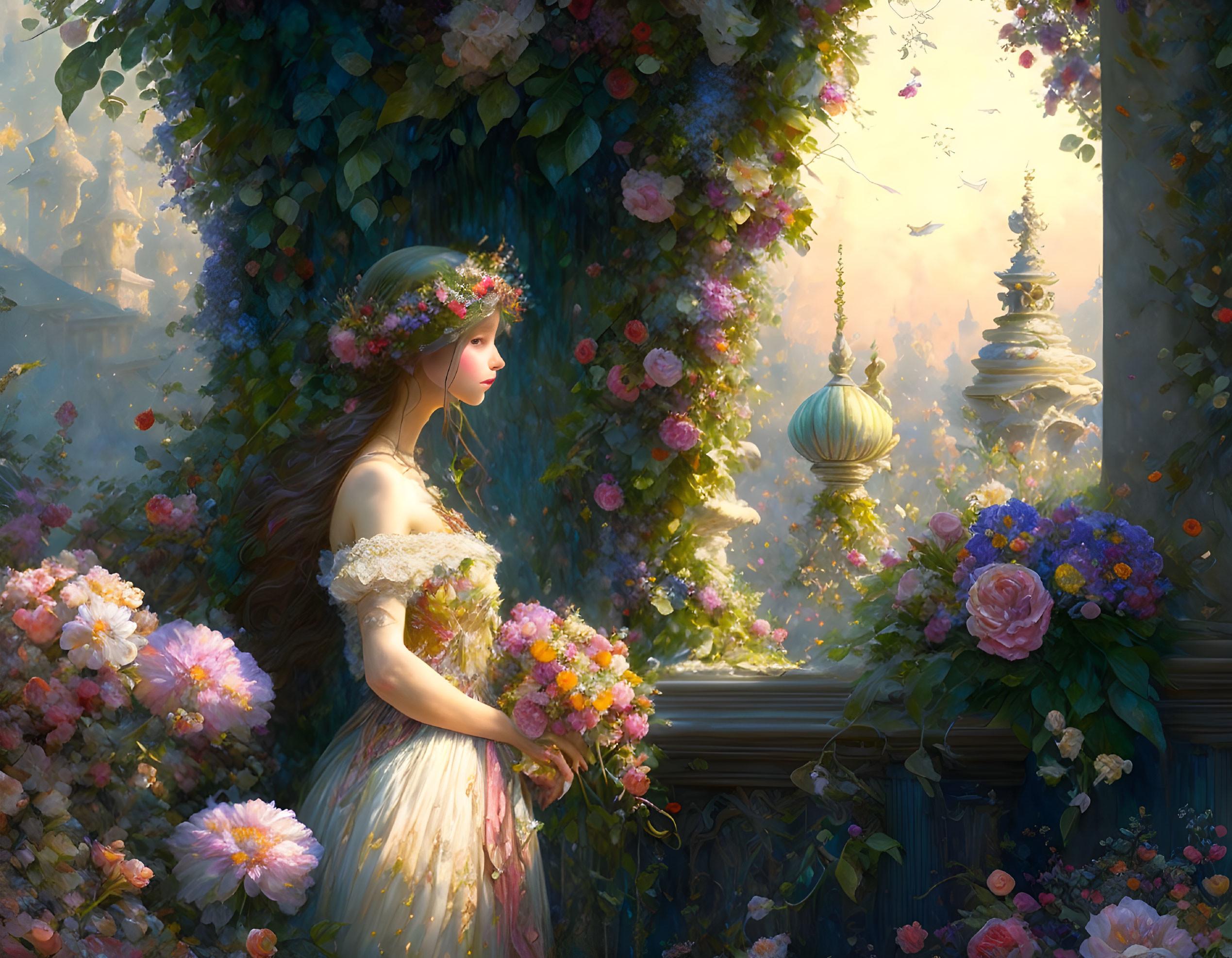 Illustration of woman with flower crown by floral arch and castle