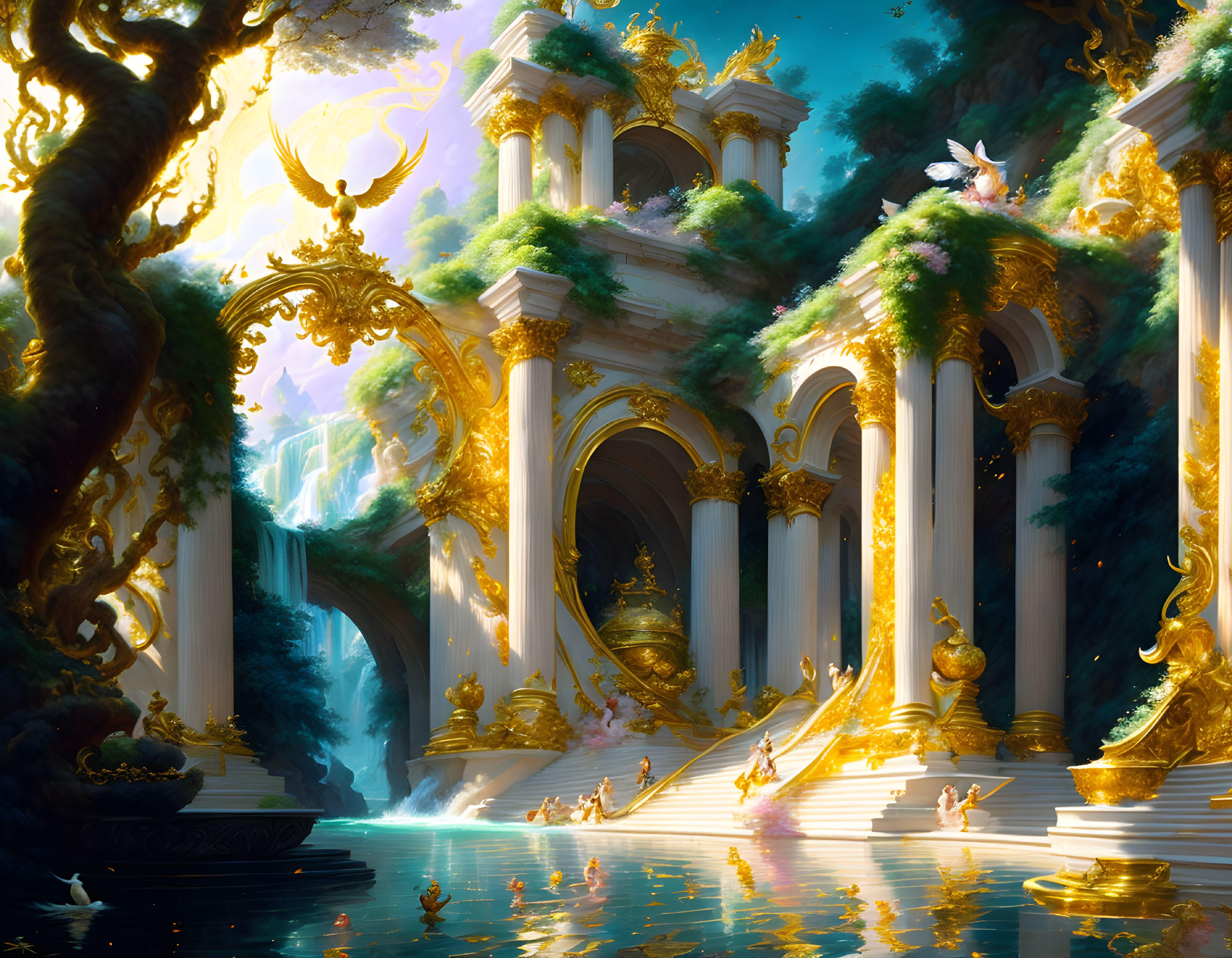 Golden Classical Structure in Fantasy Landscape with Waterfalls and Swans