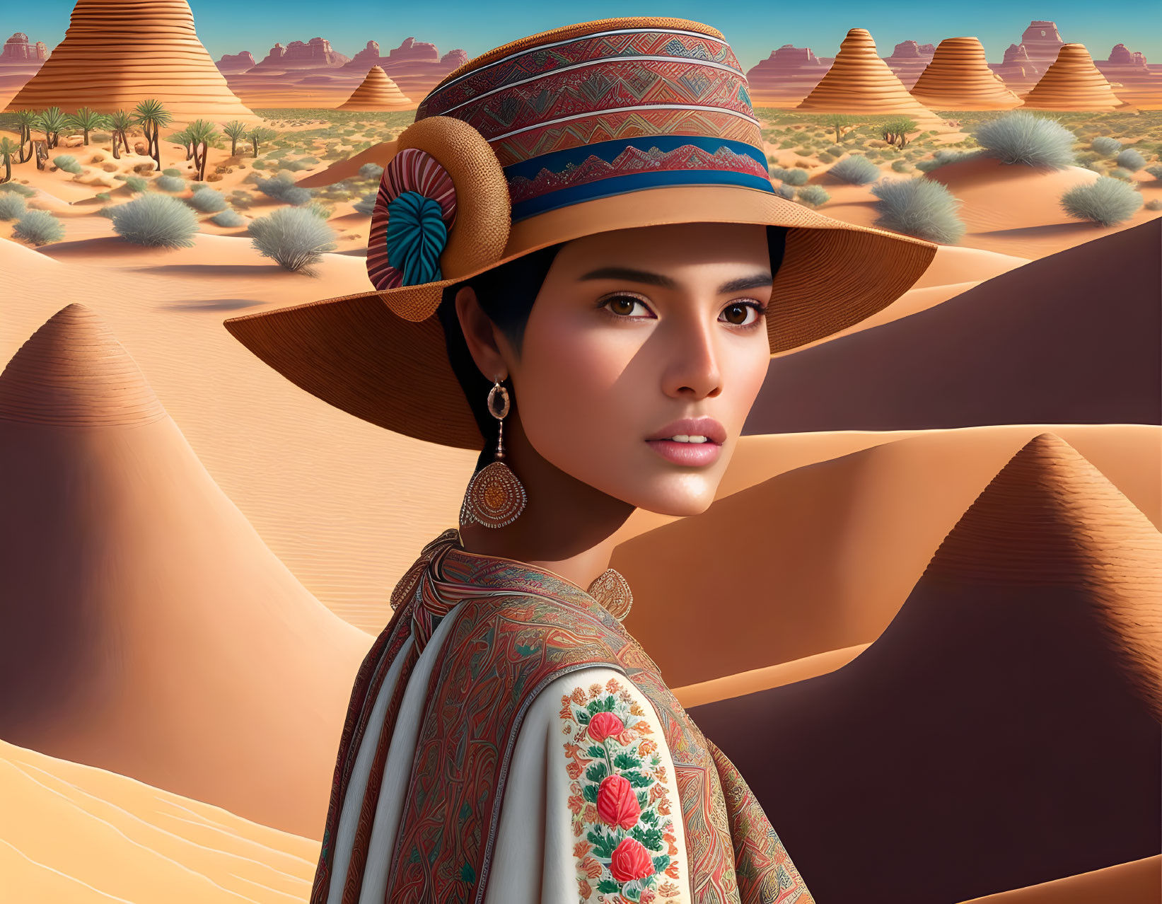 Traditional Attire Woman with Hat and Earrings in Desert Landscape