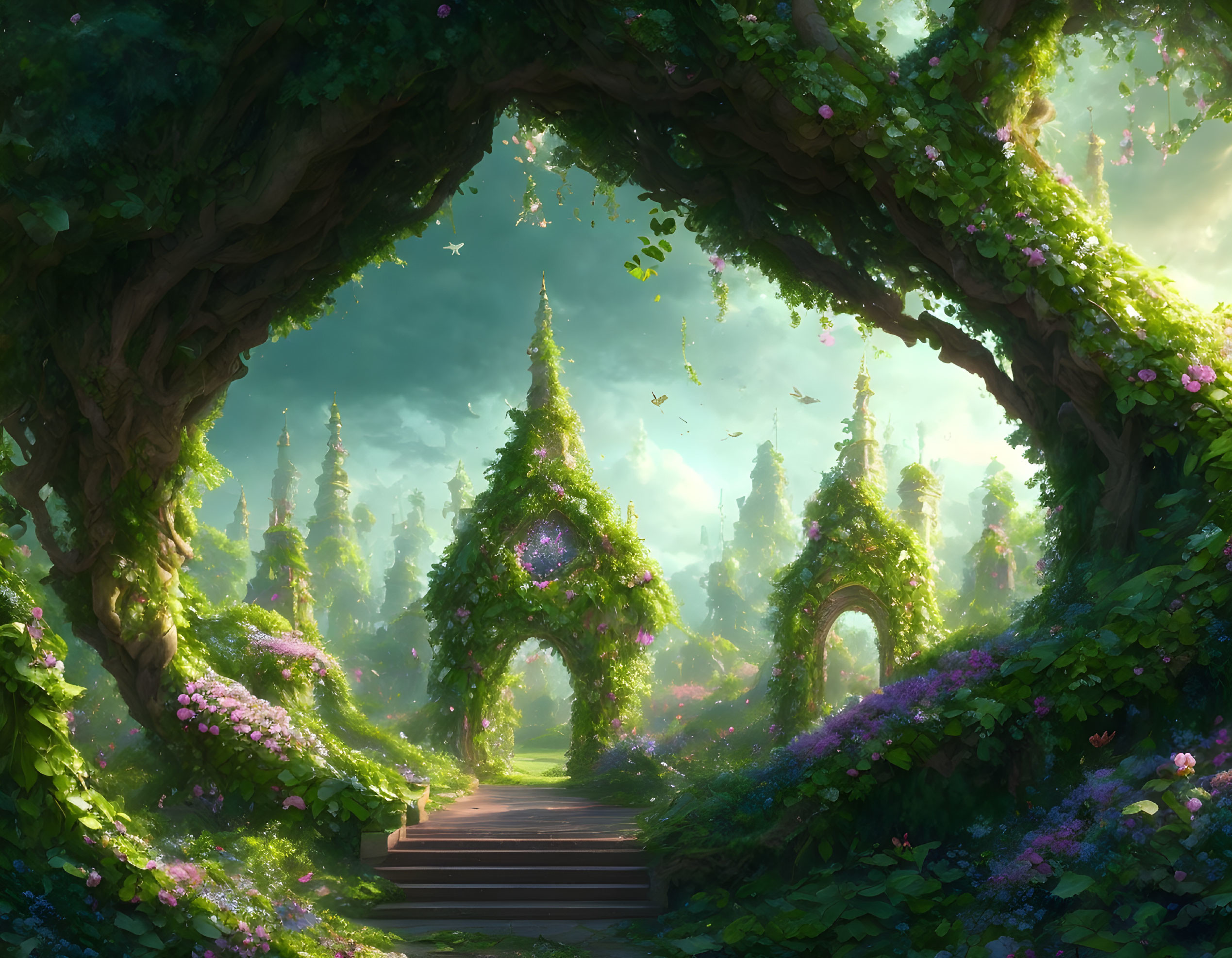 Tranquil forest pathway with arched trees, vibrant flowers, and whimsical towers.