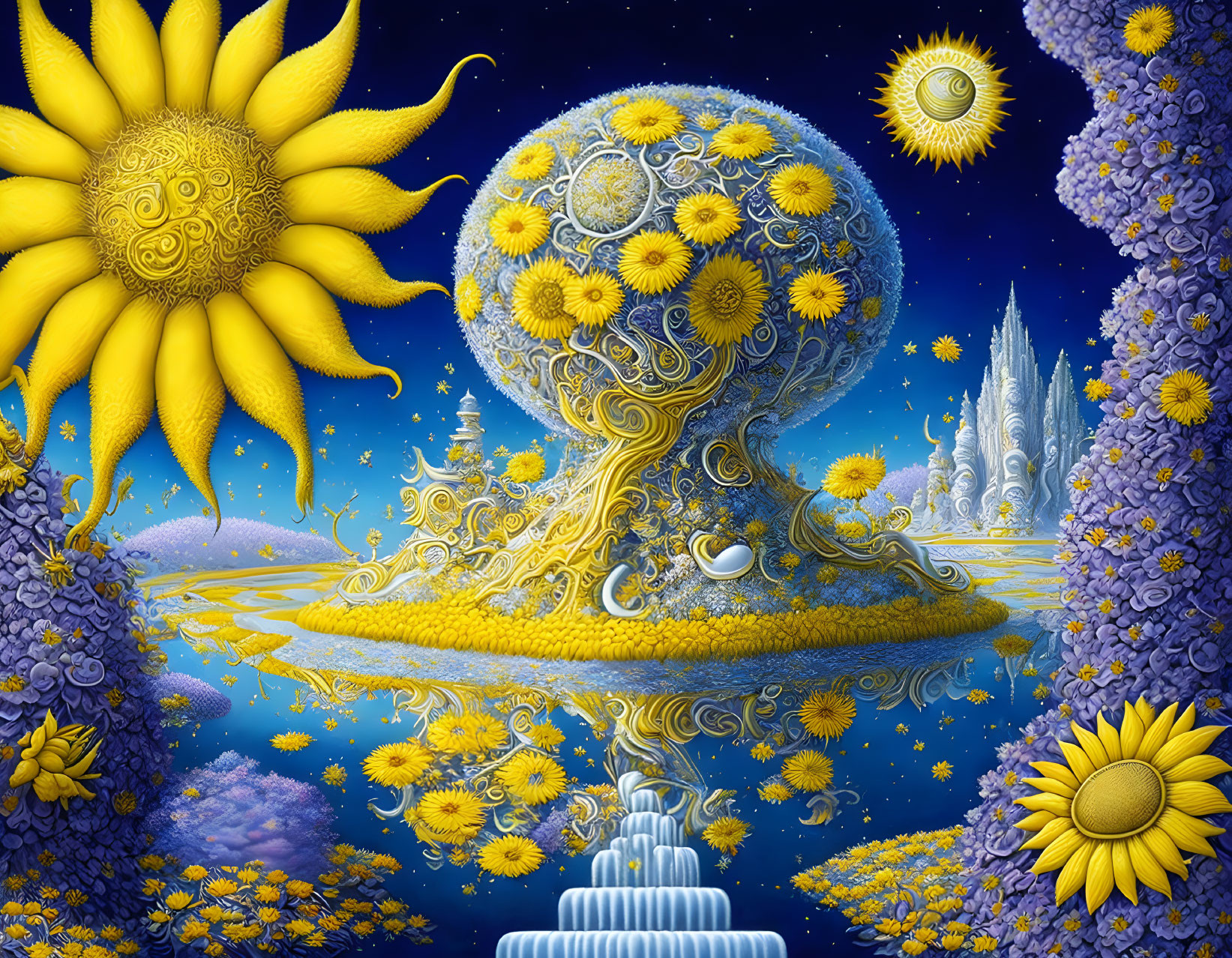 Colorful digital artwork: surreal landscape with sunflowers, spiral tree, celestial backdrop