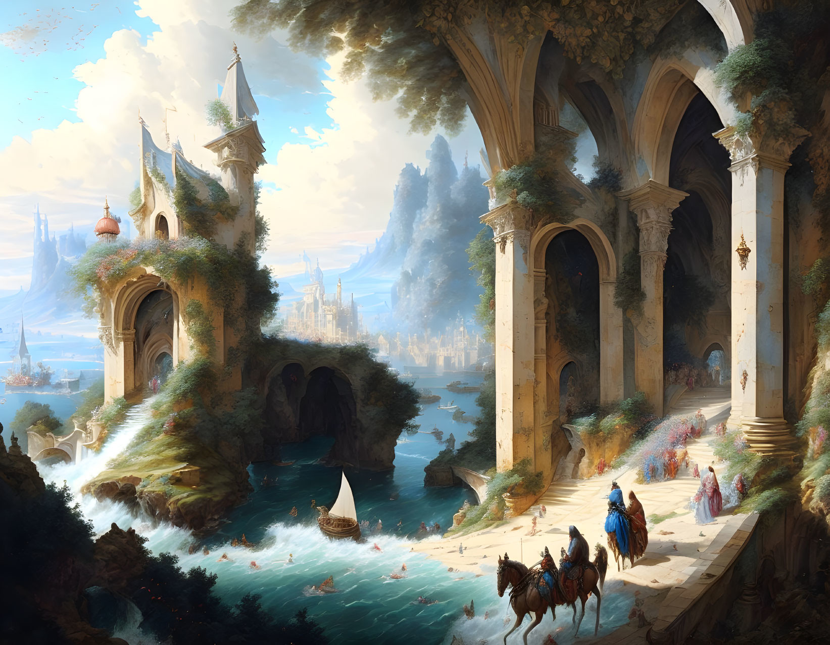 Fantastical landscape with riders, archway, bay, boats, castles, cliffs